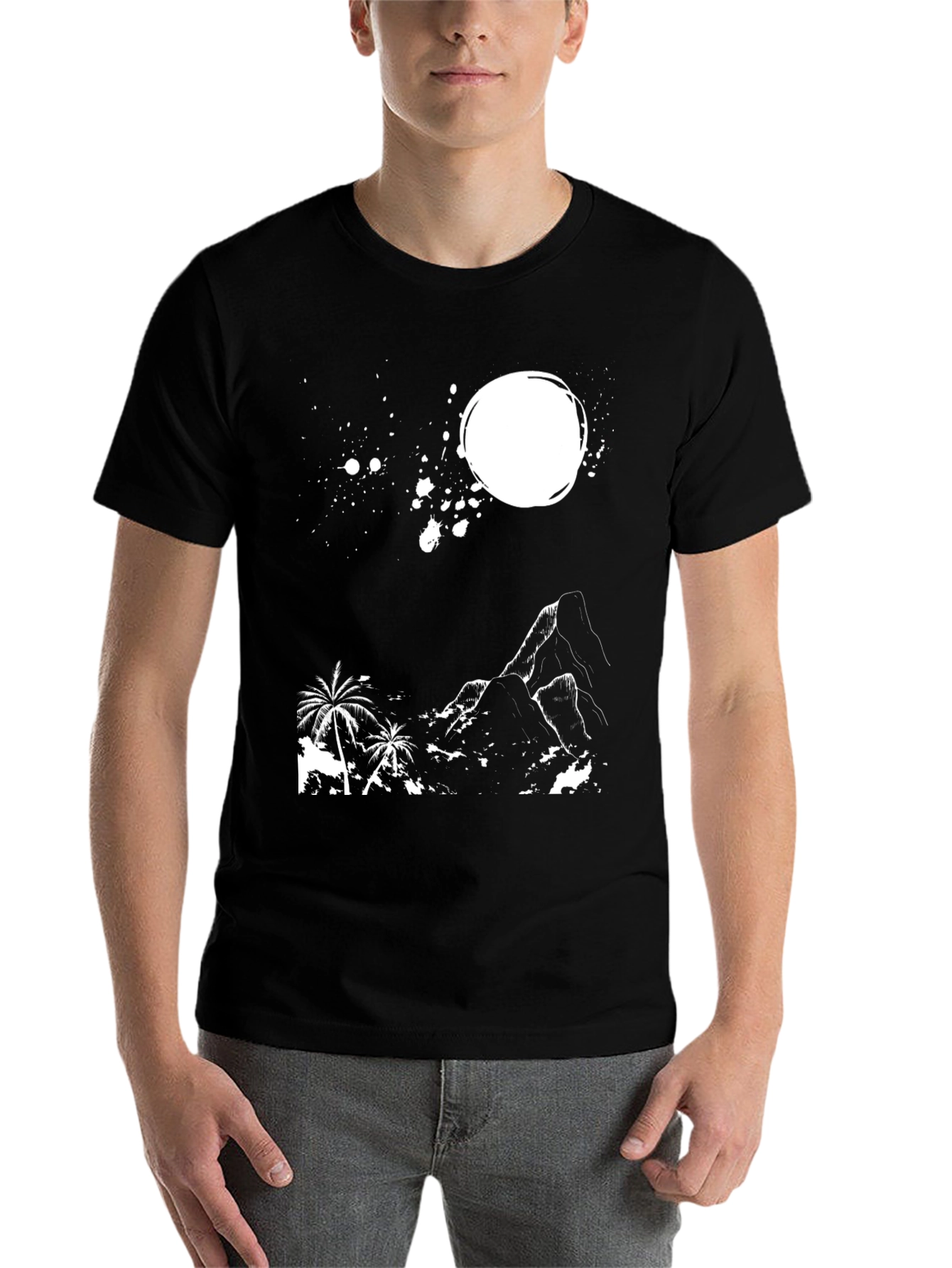 Black Tropical Mountain Graphic Tee - Black Cotton T-Shirt view 7