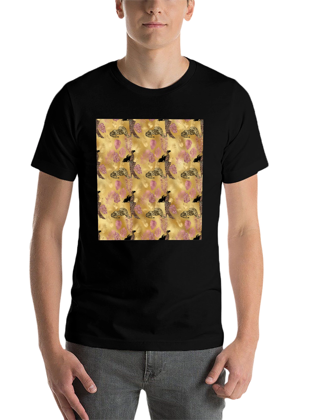 Black Stylish Black Tee with Leopard & Floral Pattern view 7