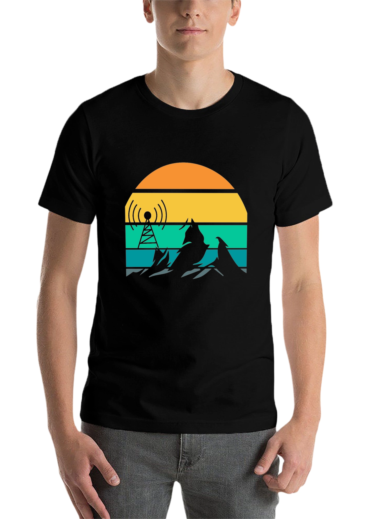 Black Retro Sunset Mountain Radio Tower T-Shirt view 7