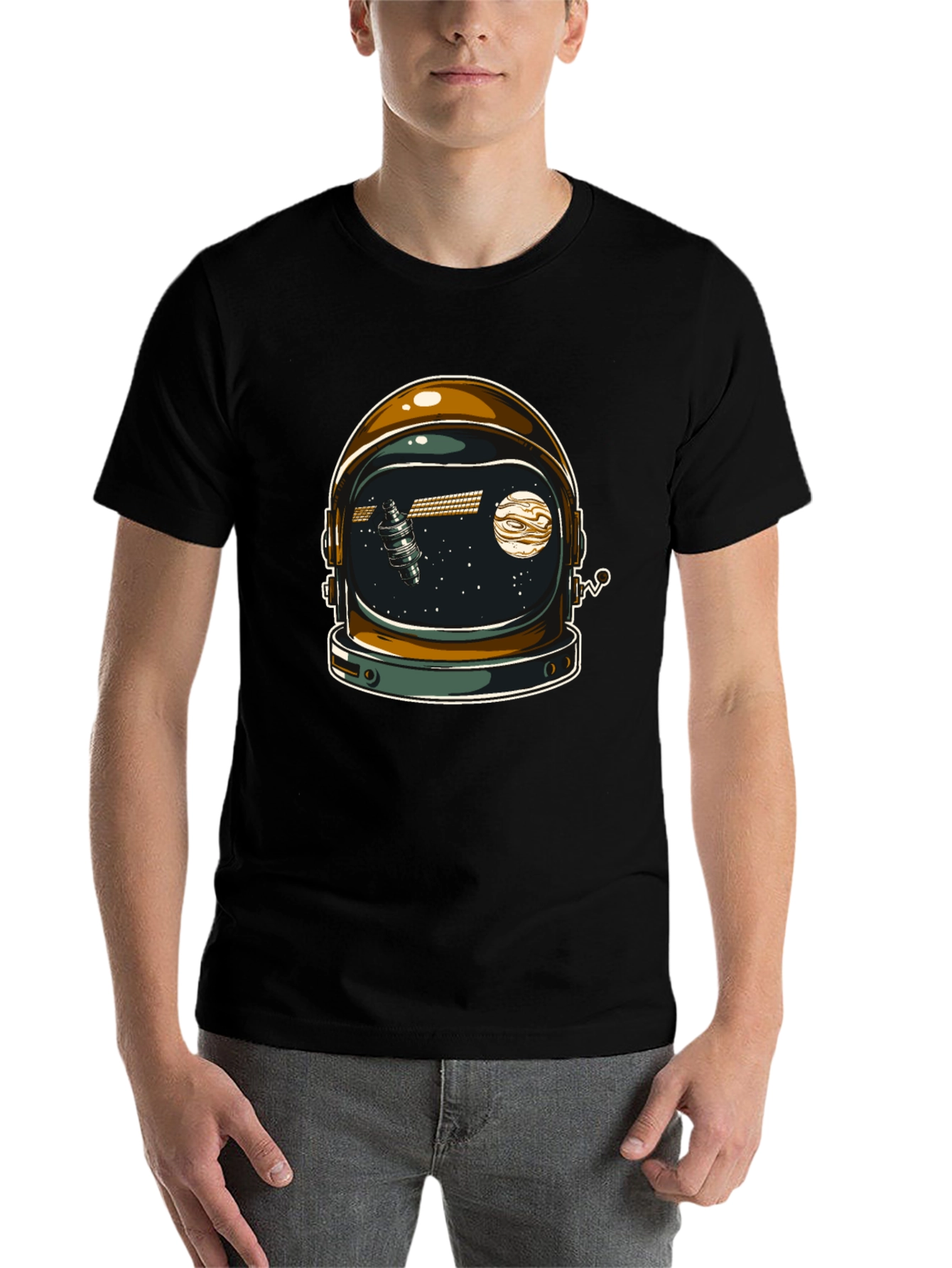 Black Space Helmet Graphic T-Shirt - Black Cotton Blend view 7