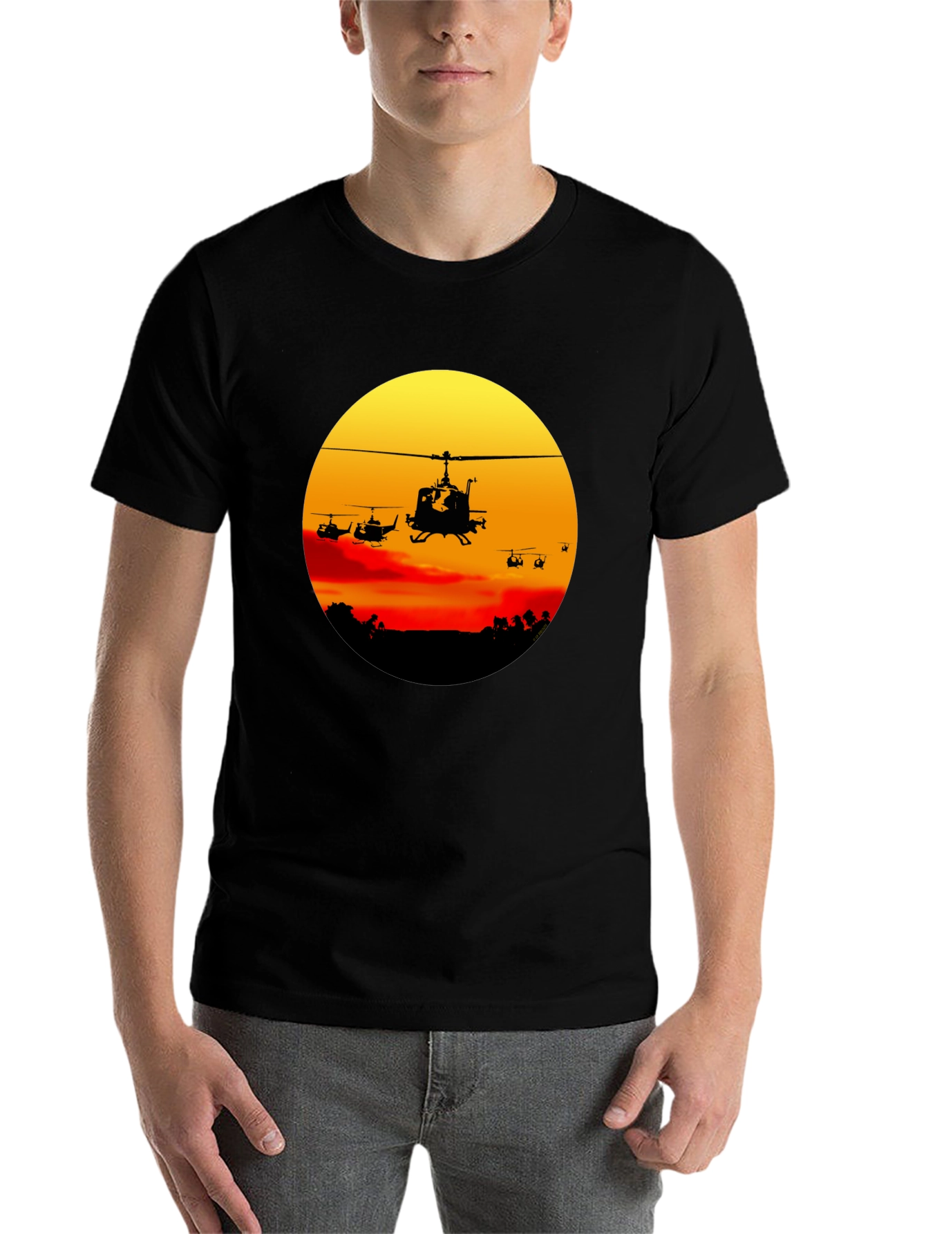 Black Retro Helicopter Sunset Graphic T-Shirt view 7