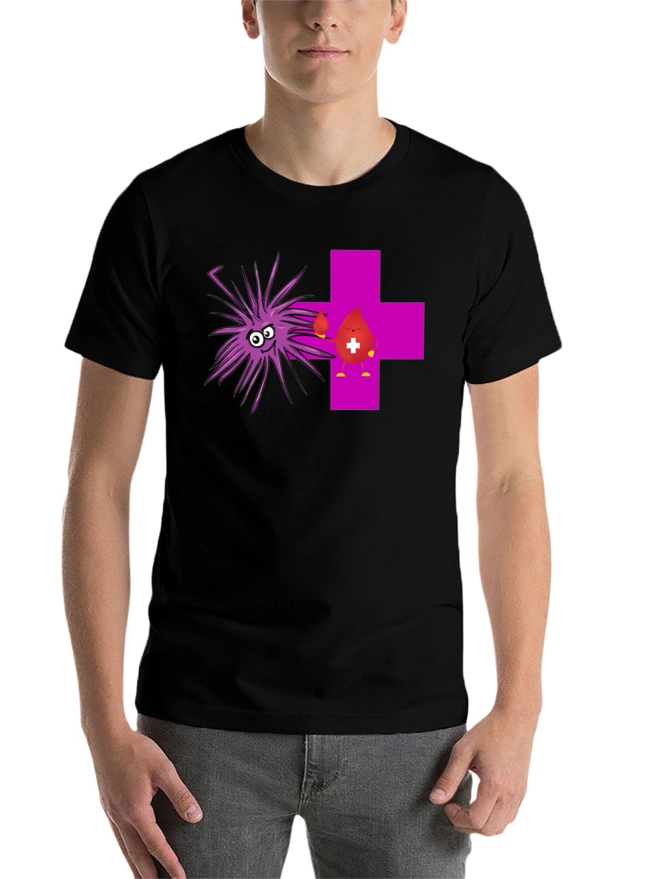 Black Funny Black T-Shirt with Cartoon Germs and Blood Drop view 7