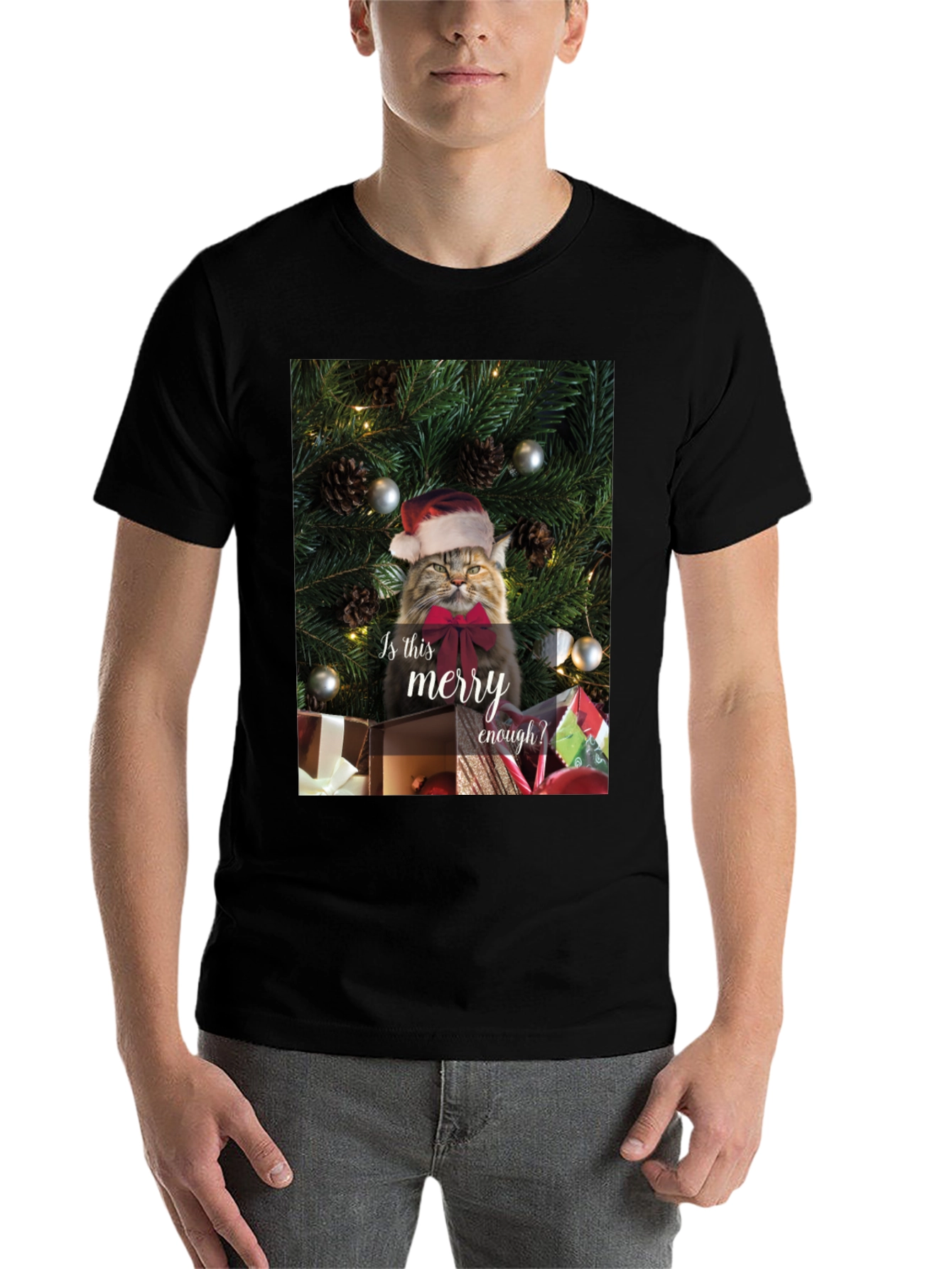Black Merry Cat Christmas T-Shirt - Holiday Humor view 7