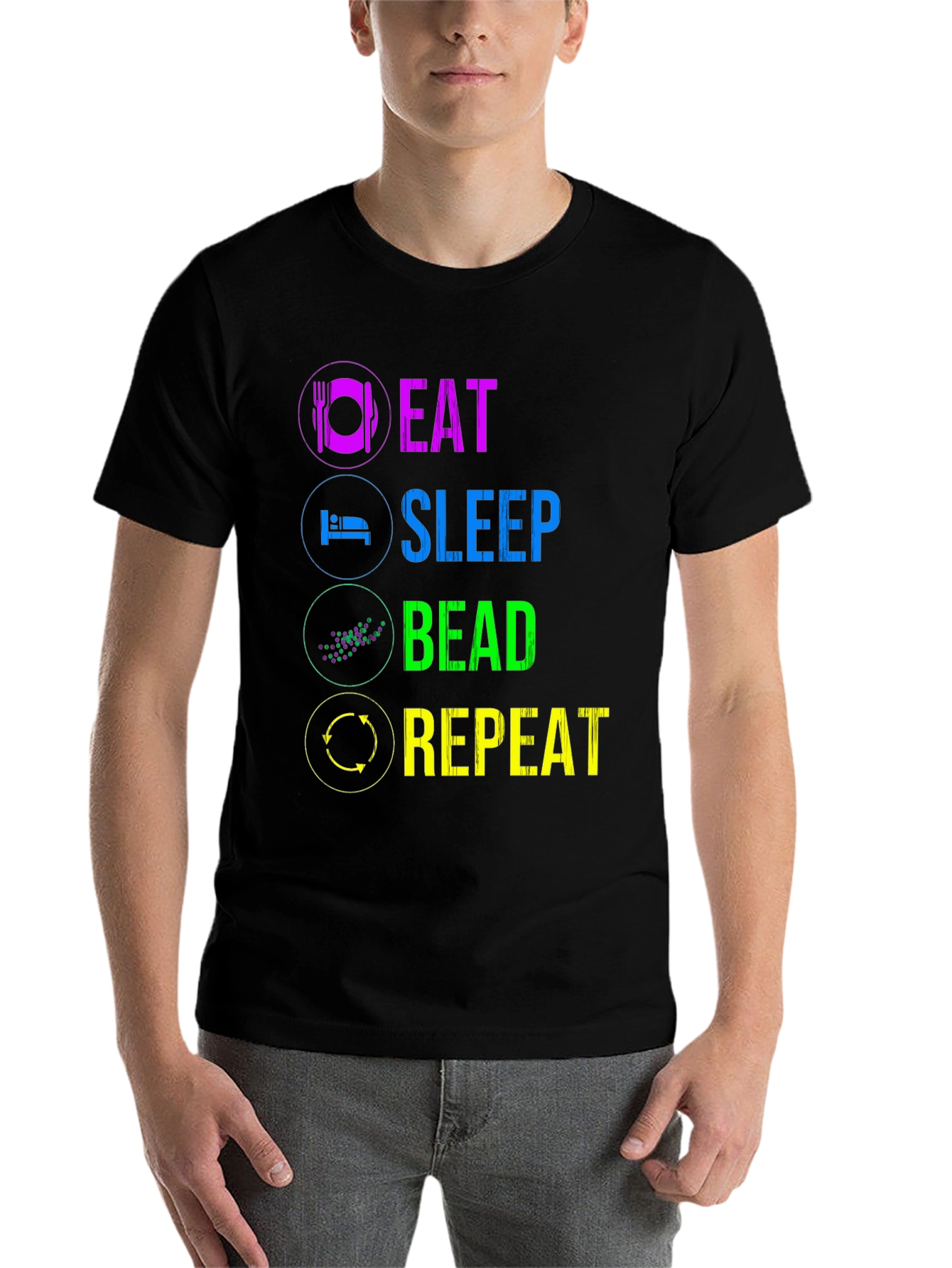Black Eat Sleep Bead Repeat T-Shirt - Funny Hobby Tee view 7