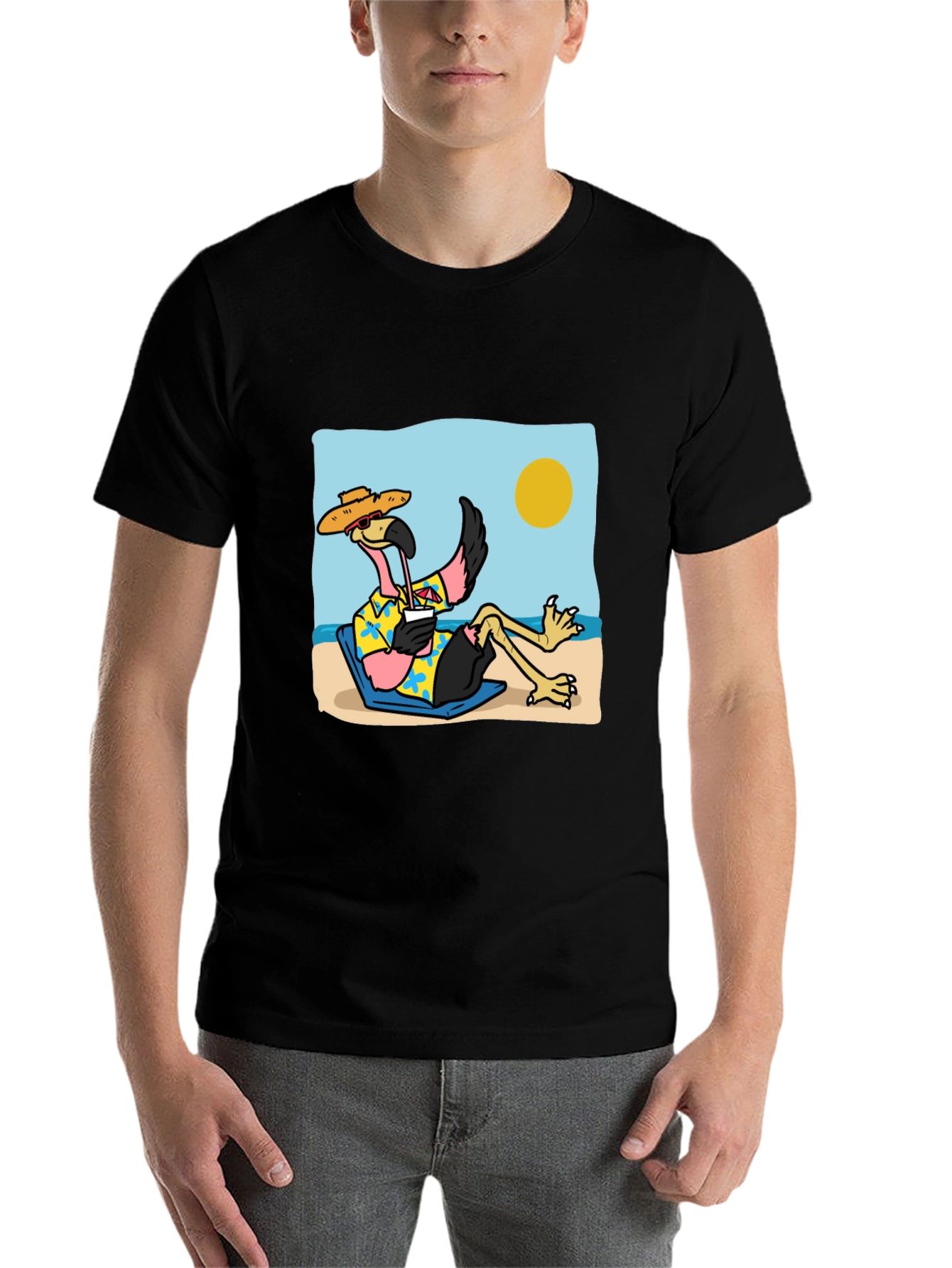Black Relaxed Flamingo Beach T-Shirt - Tropical Vibe view 7