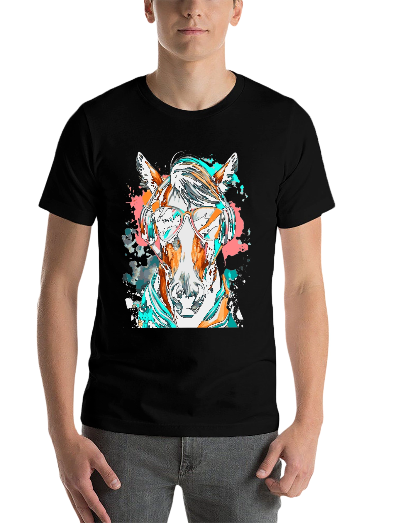 Black Horse with Headphones Graphic Tee view 7