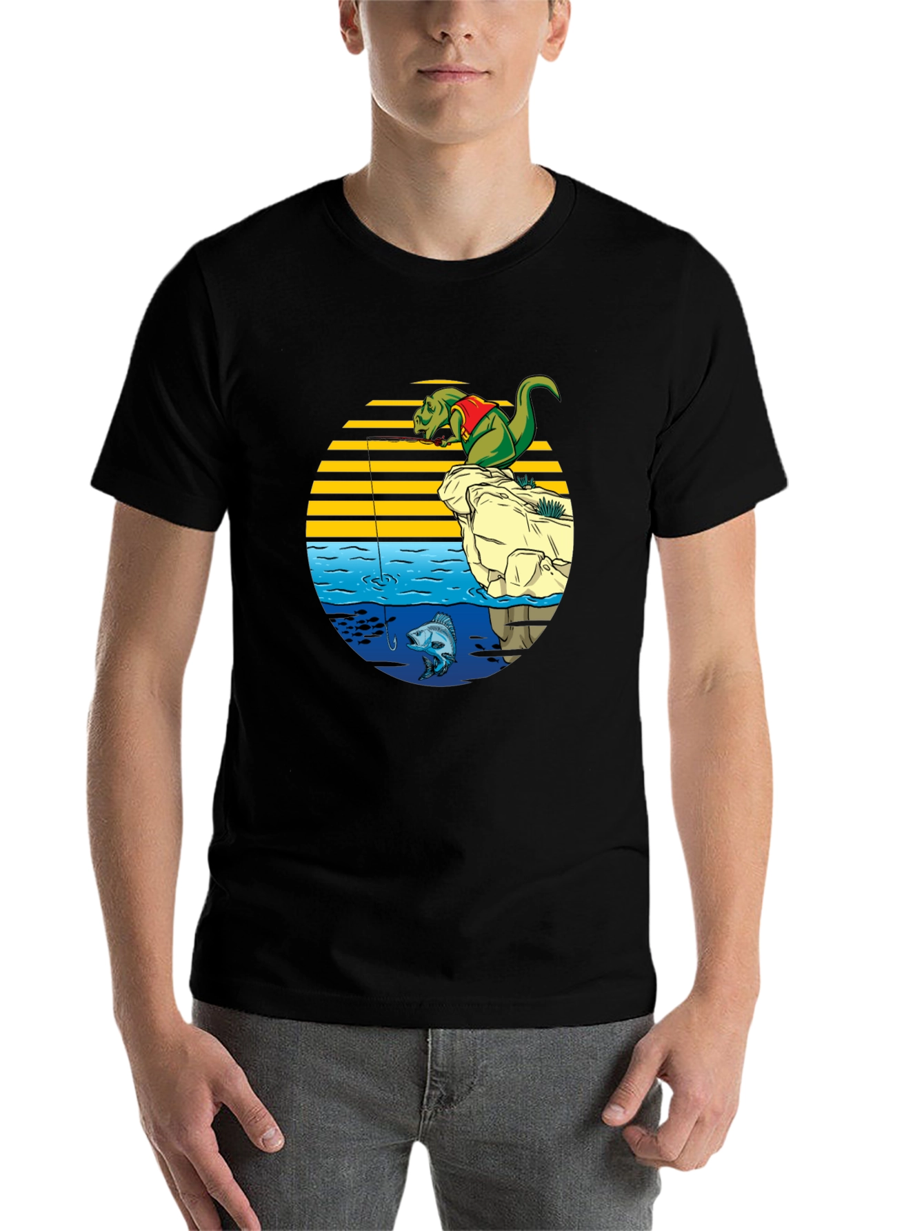 Black Dino Fishing Graphic T-Shirt - Fun Novelty Tee view 7