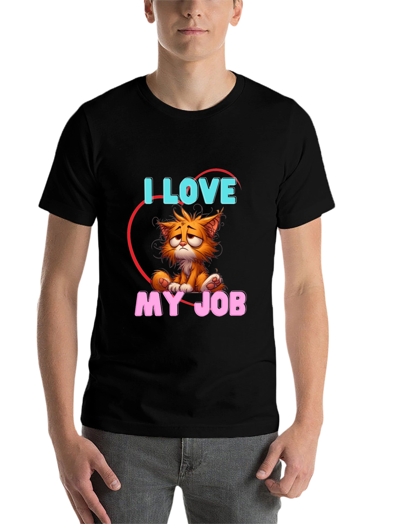 Black I Love My Job Cat T-Shirt - Unique Graphic Tee view 7