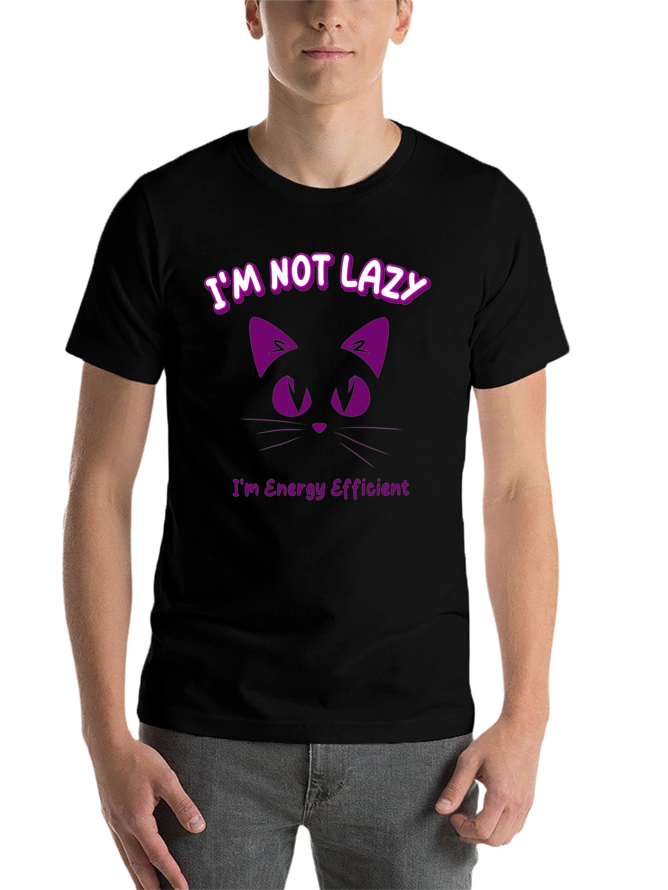 Black Funny Cat T-Shirt - I'm Not Lazy, Energy Efficient view 7