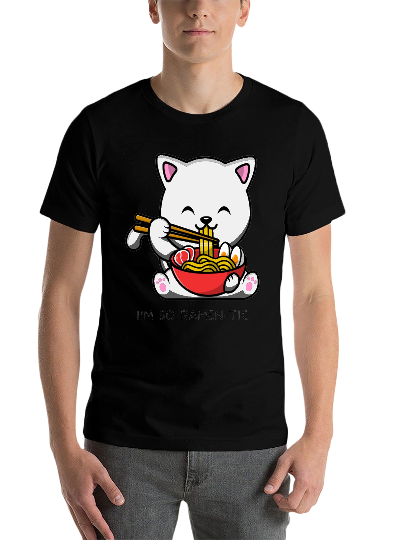 Black Ramen Cat T-Shirt - "I'm So Ramen-Tic" Graphic Tee view 7