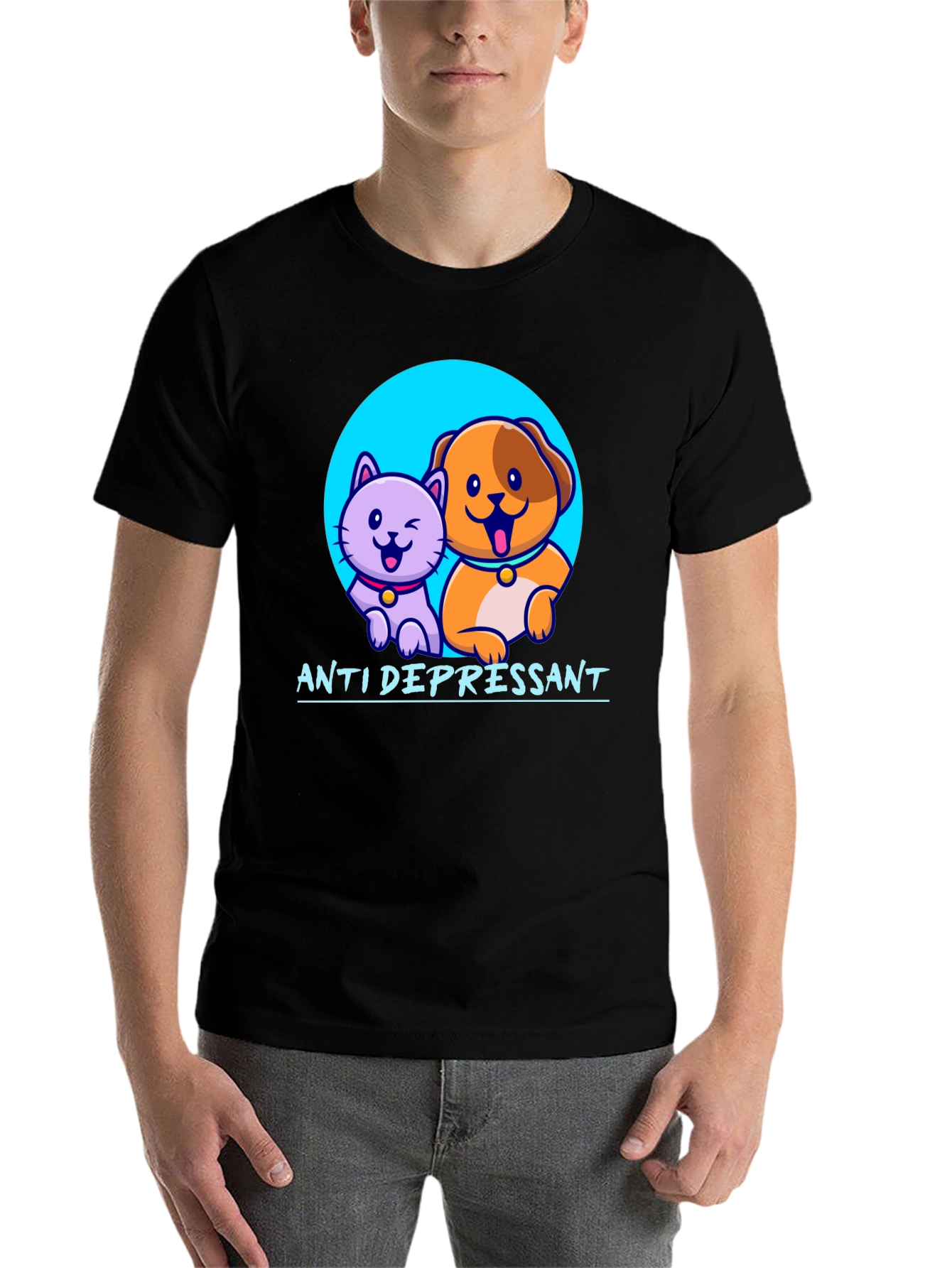 Black Anti Depressant Cat and Dog Graphic T-Shirt view 7