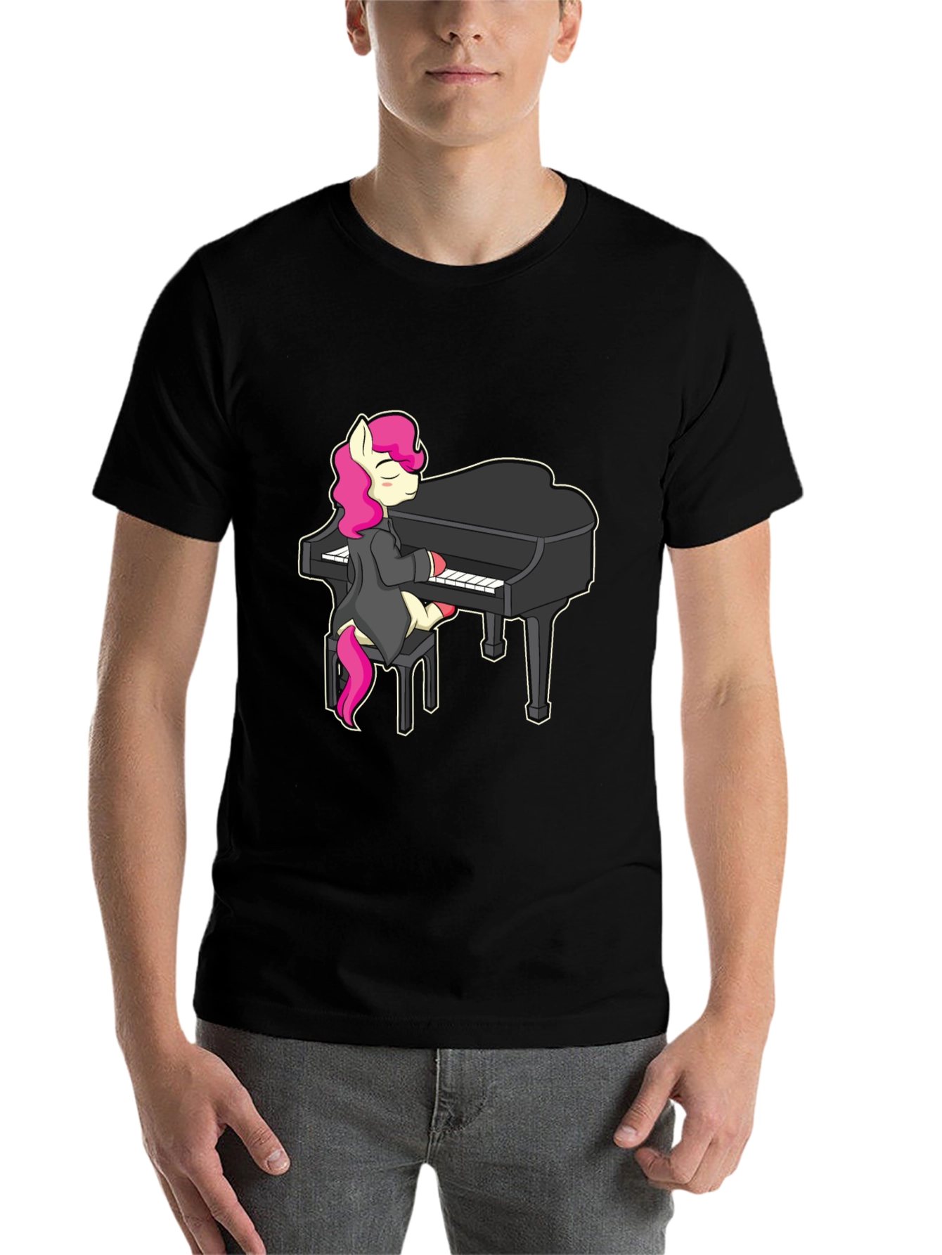 Black Pony Playing Piano T-Shirt - Cute Cartoon Design view 7