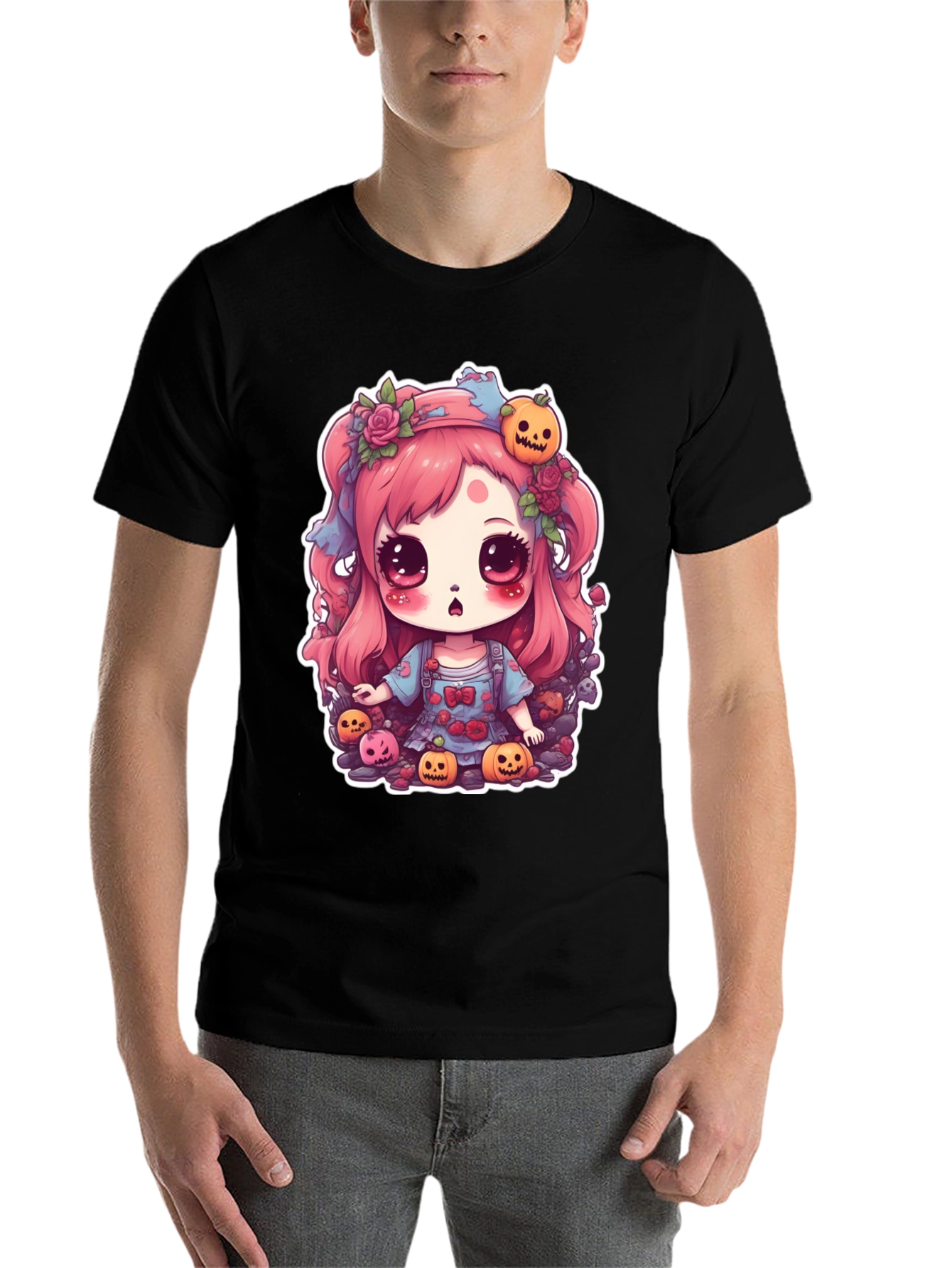 Black Kawaii Halloween Girl Black T-Shirt view 7