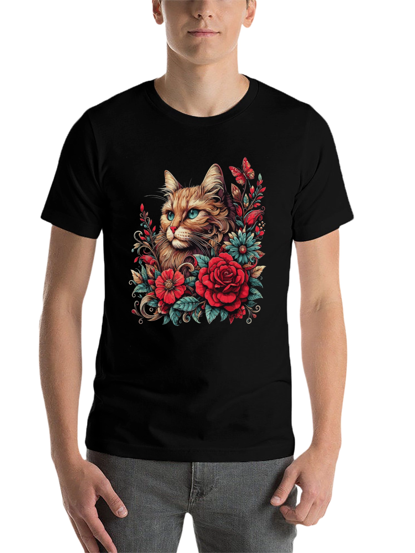 Black Cat & Floral Graphic Tee - Men's Black T-Shirt view 7