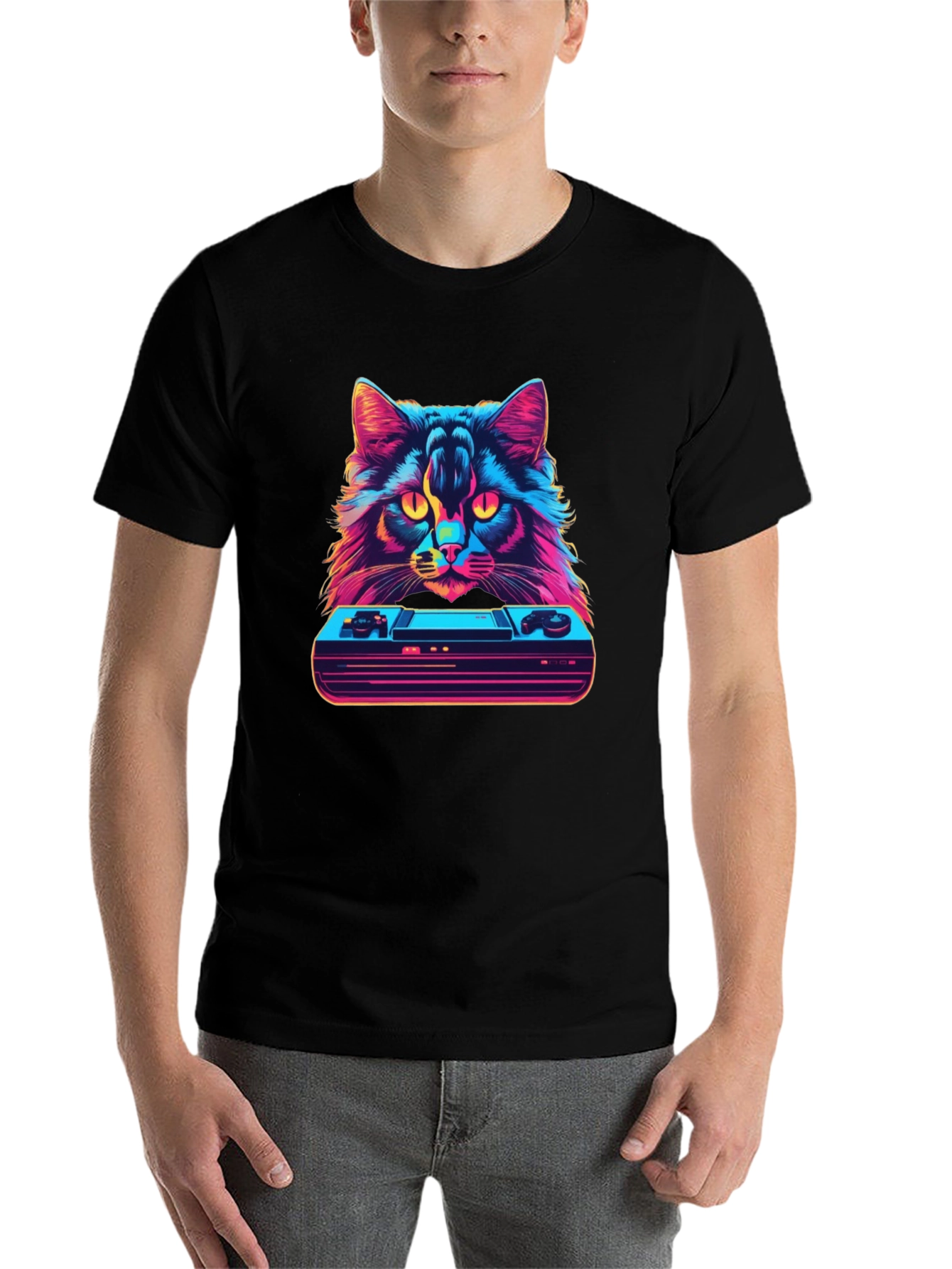 Black Retro Cat Gamer T-Shirt - Vintage Console Design view 7