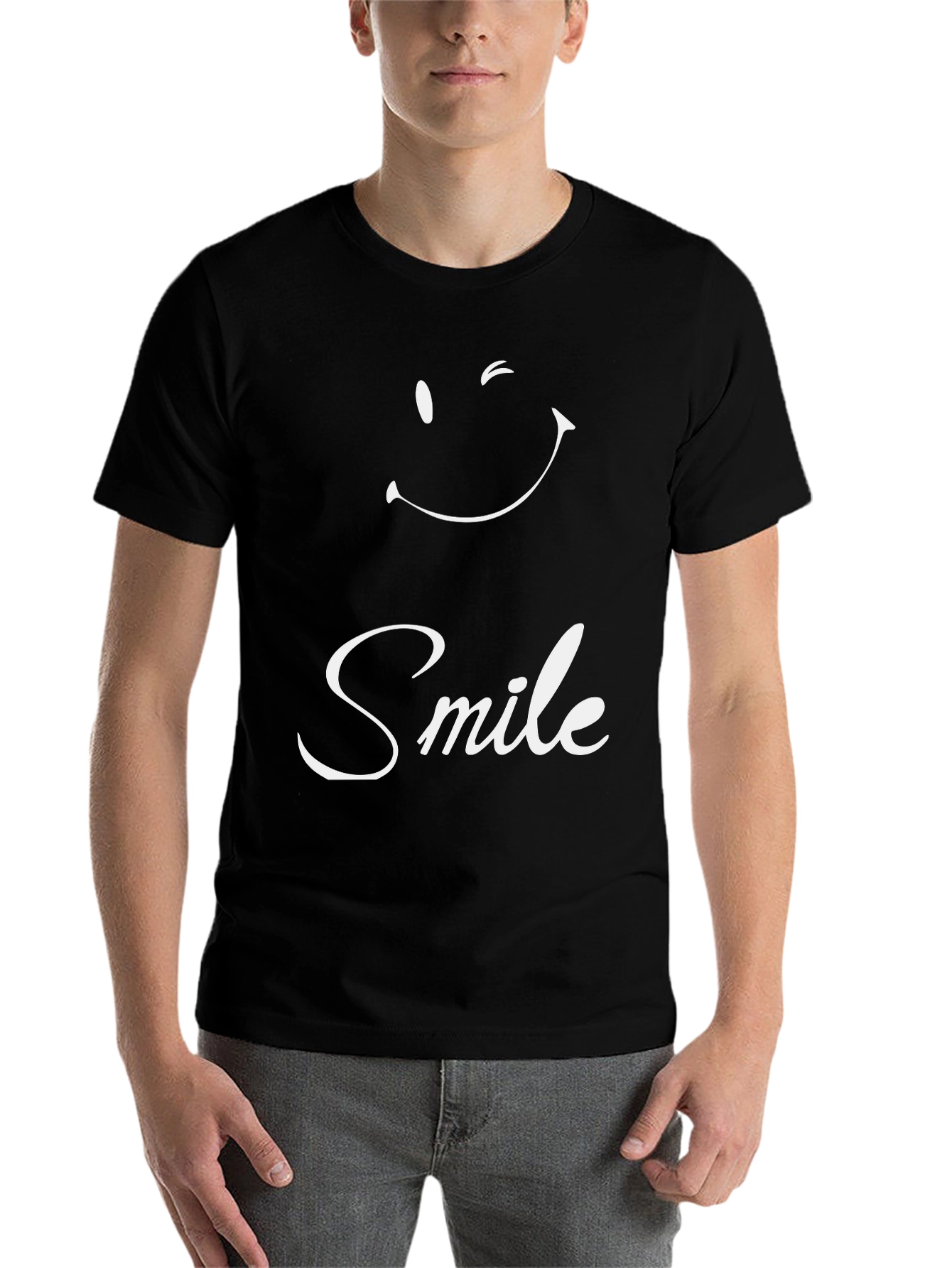 Black Smile Graphic Tee - Black Crew Neck Casual Shirt view 7