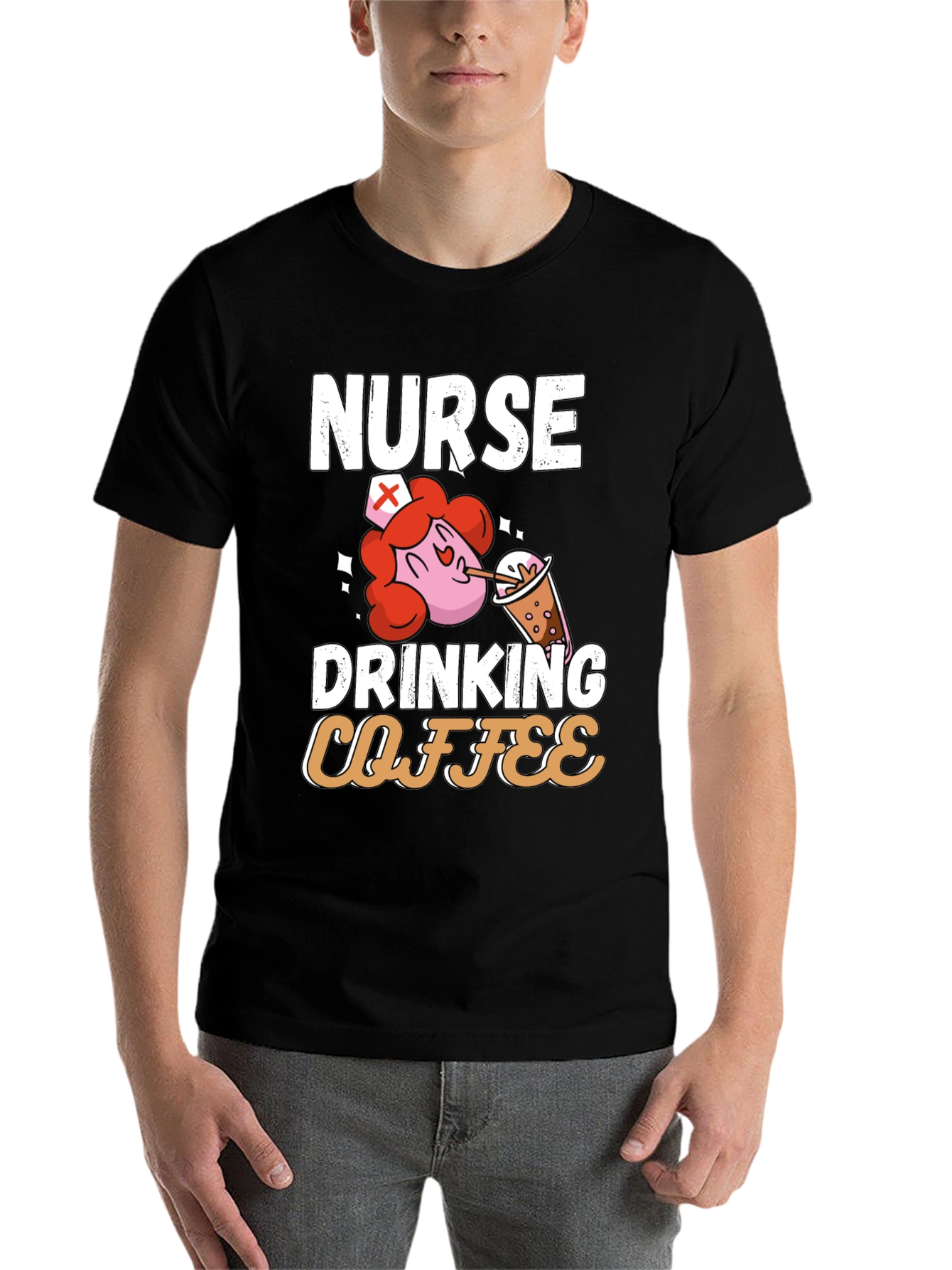Black Nurse Drinking Coffee Graphic T-Shirt view 7