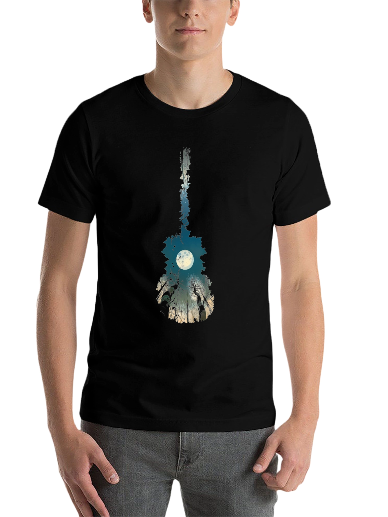 Black Guitar Moon T-Shirt - Unique Nature Design view 7