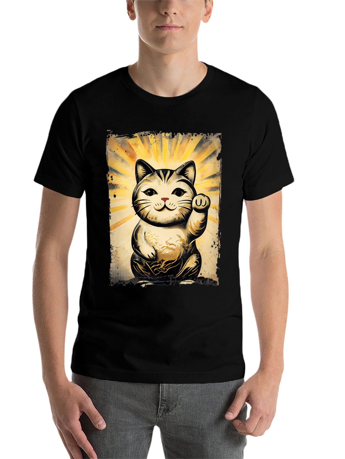 Black Lucky Cat Graphic T-Shirt - Unisex Soft Cotton Tee view 7