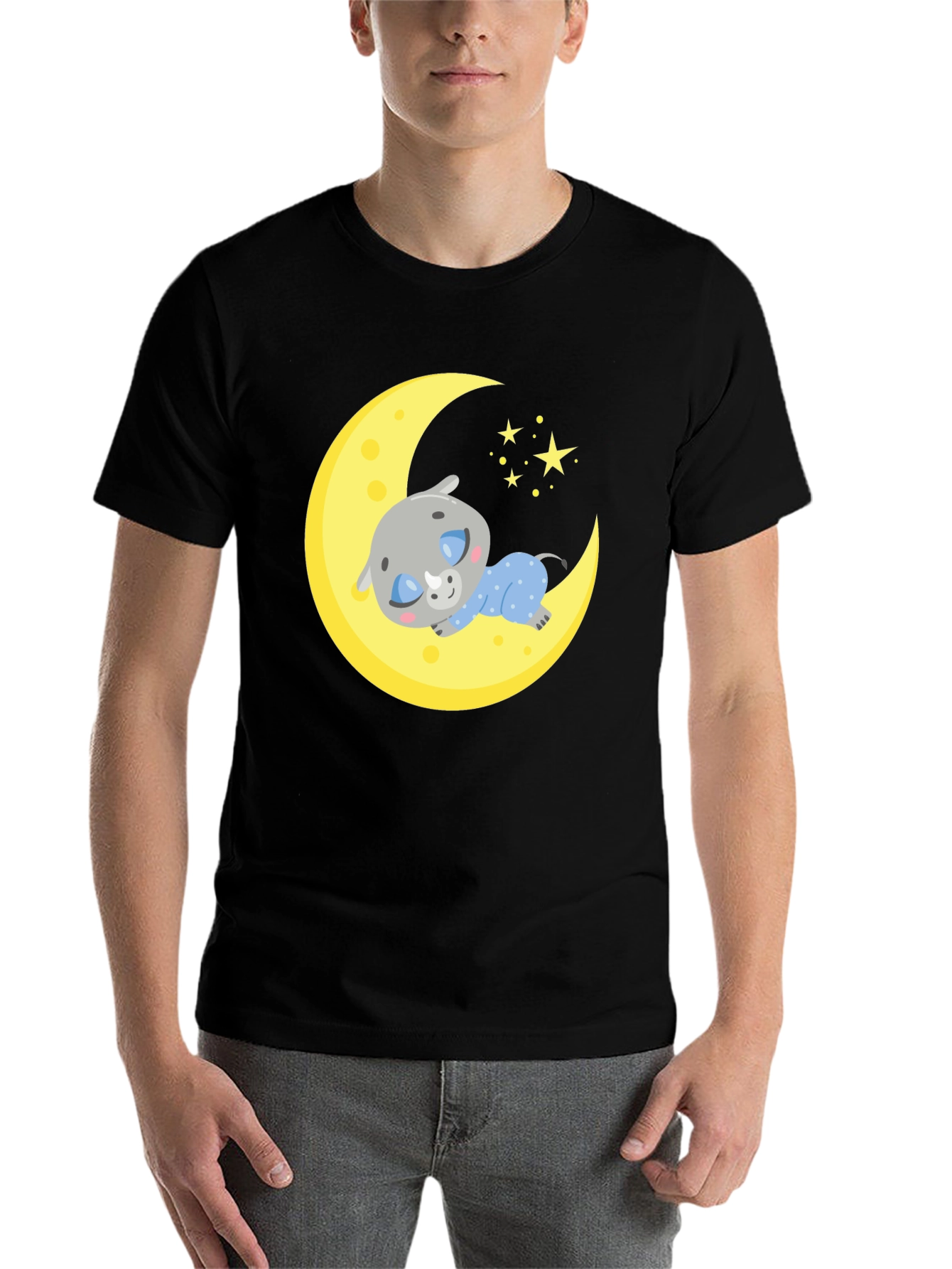 Black Cute Sleeping Rhino on Moon T-Shirt view 7