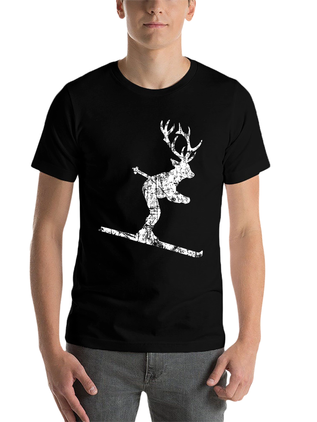 Black Skiing Deer Graphic T-Shirt - Men's Black Tee view 7