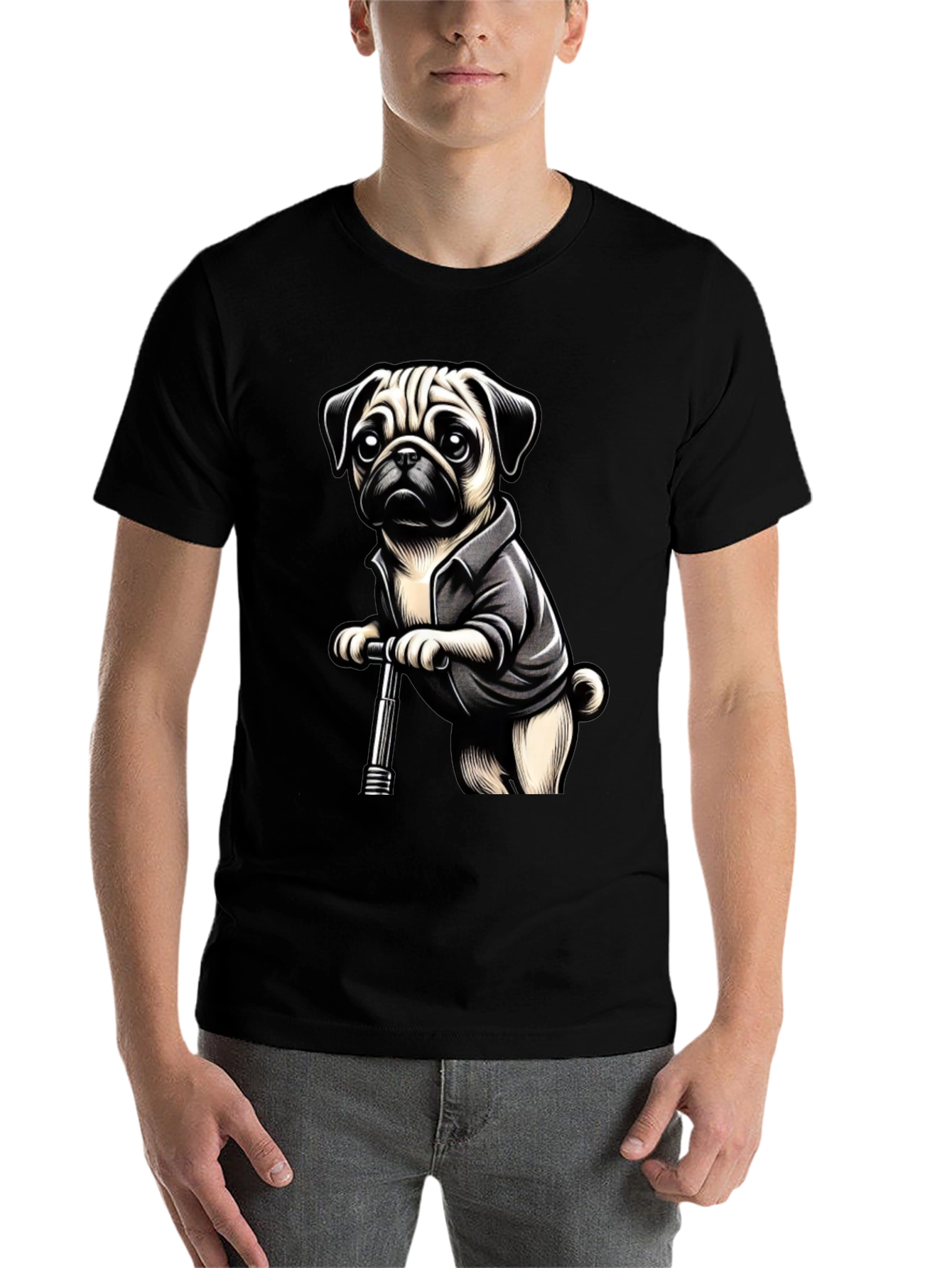 Black Pug on Scooter Graphic Tee - Black Cotton Blend view 7