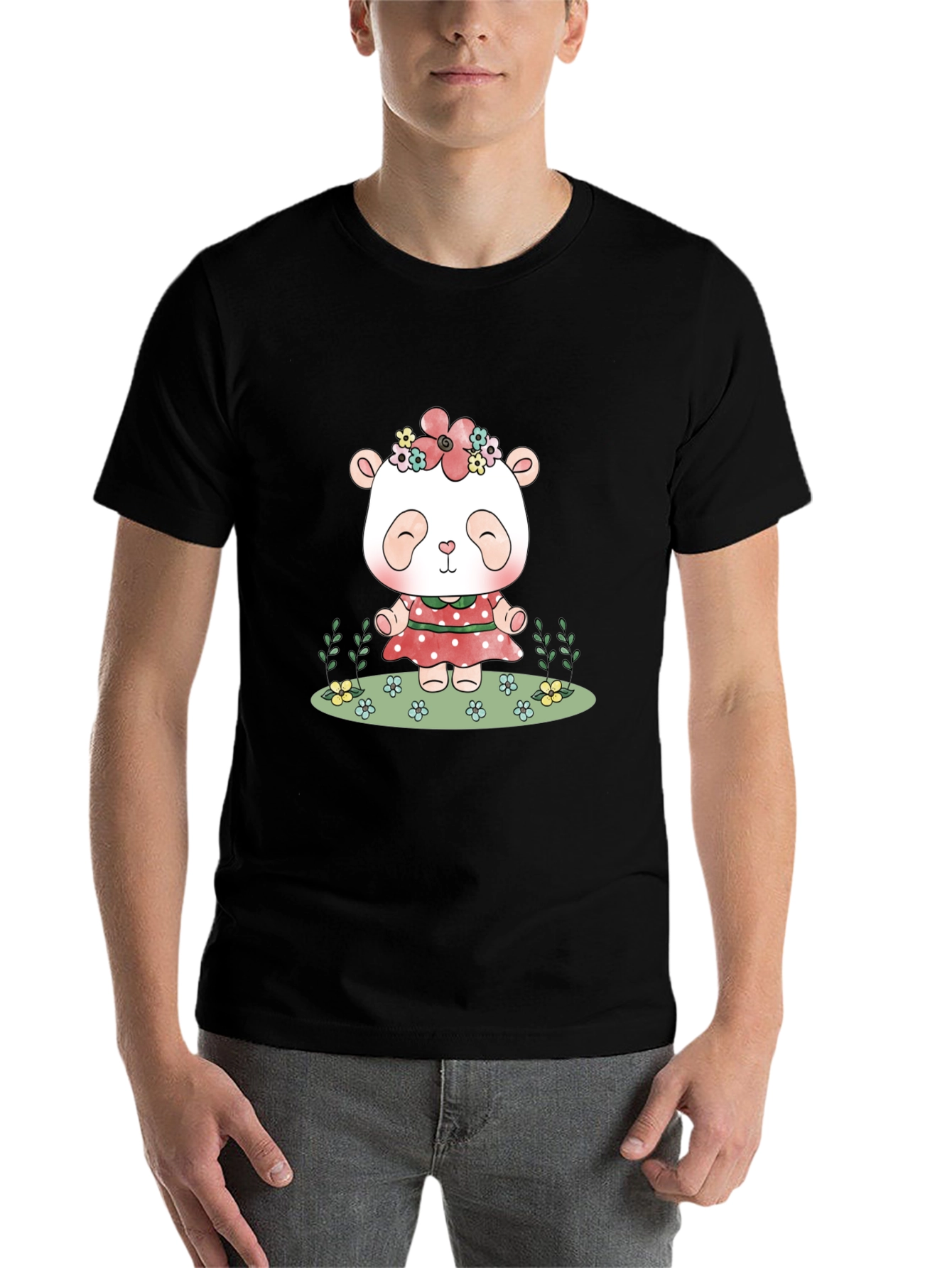 Black Cute Panda Bear Graphic Tee - Black Casual T-Shirt view 7