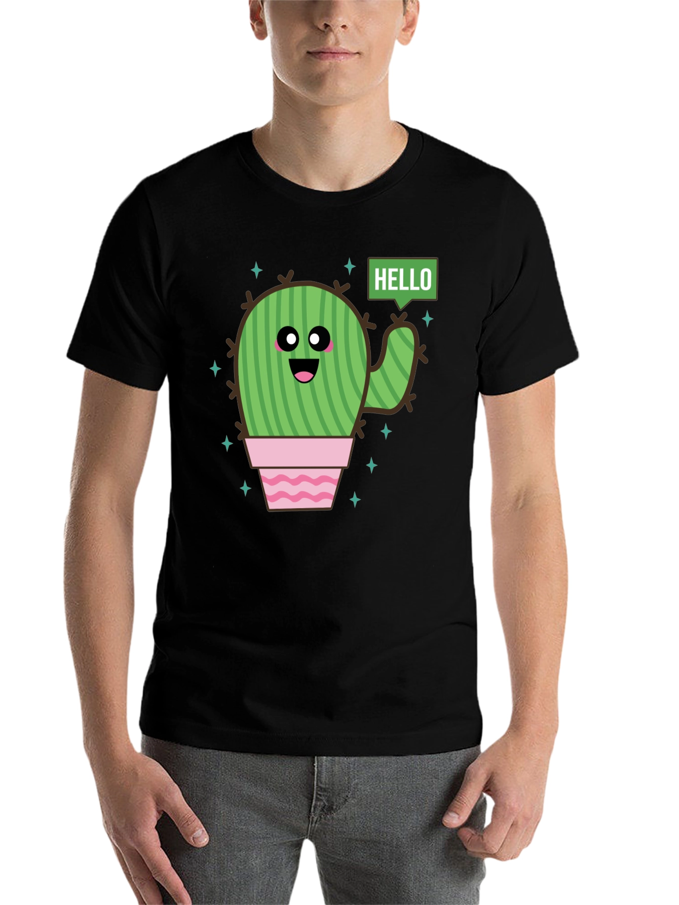 Black Cute Cartoon Cactus Graphic Tee - Black Cotton T-Shirt view 7