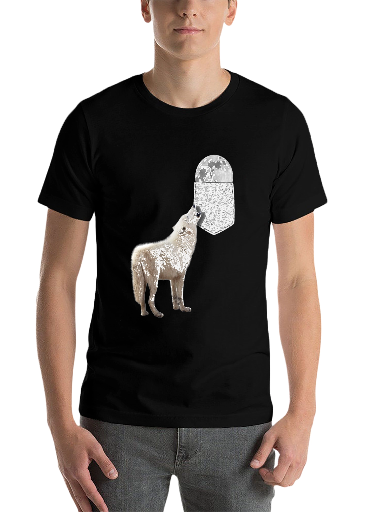 Black Wolf Howling at Moon Pocket T-Shirt view 7