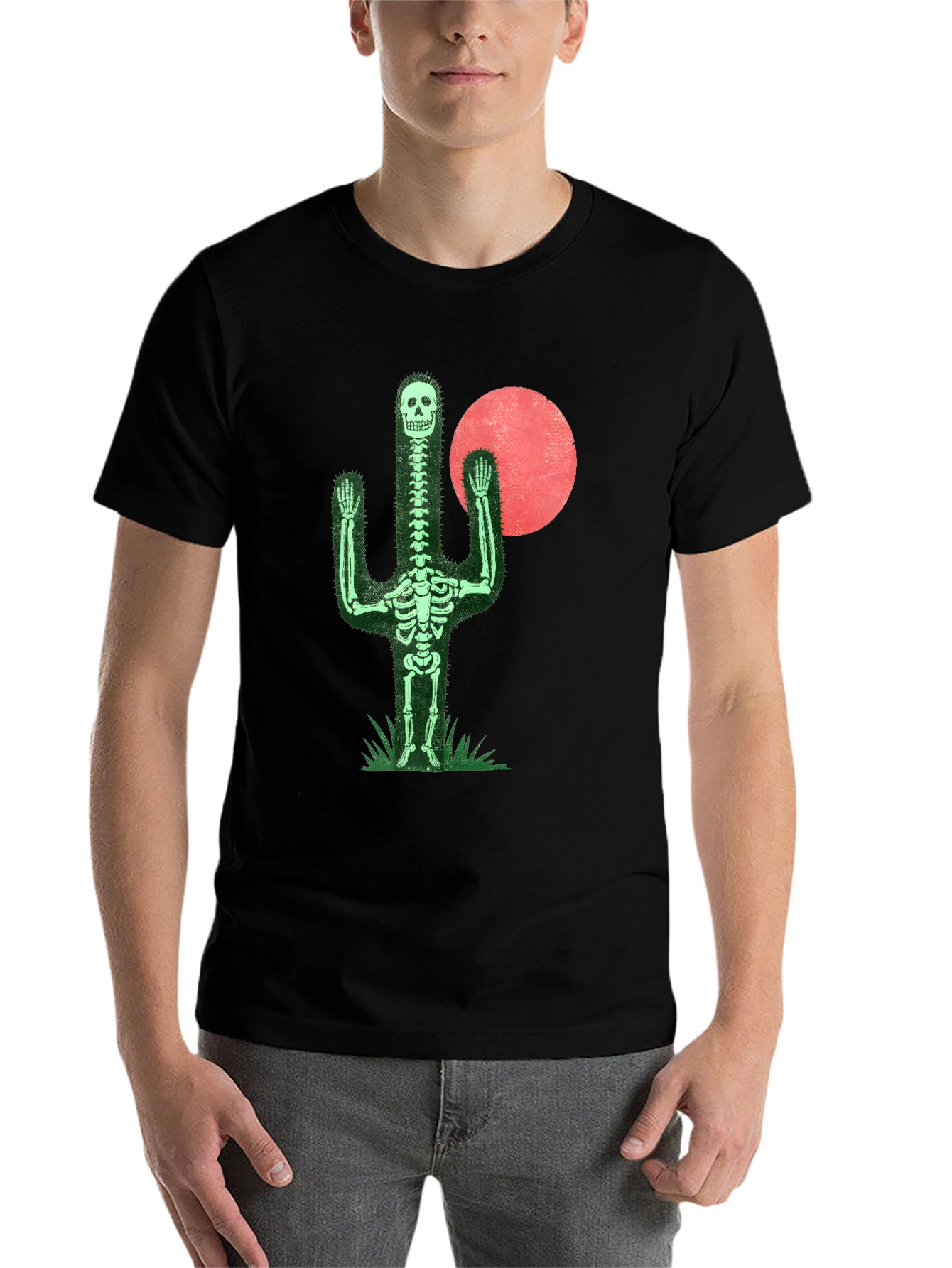 Black Skeleton Cactus Graphic Tee - Novelty Print Shirt view 7