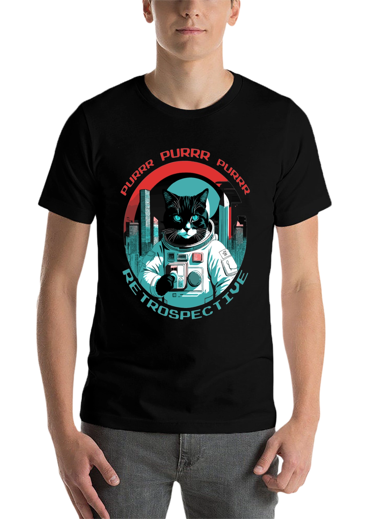 Black Cat Astronaut T-Shirt - Purrr Retrospective Tee view 7