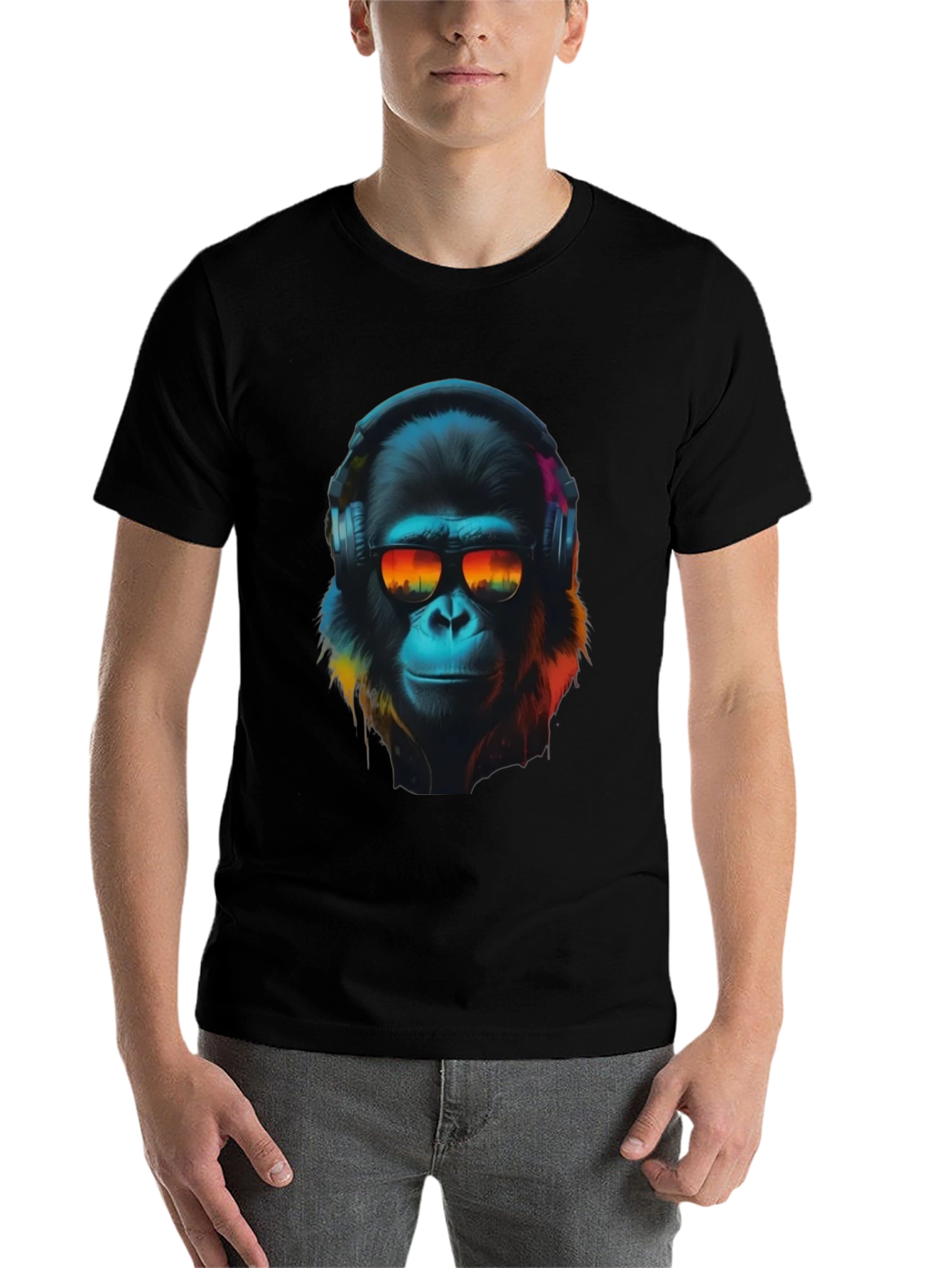 Black Cool Ape Graphic T-Shirt - DJ Gorilla in Headphones view 7