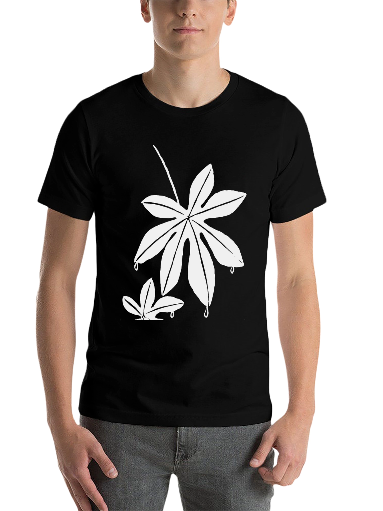 Unique White Leaf Design Black T-Shirt - 7