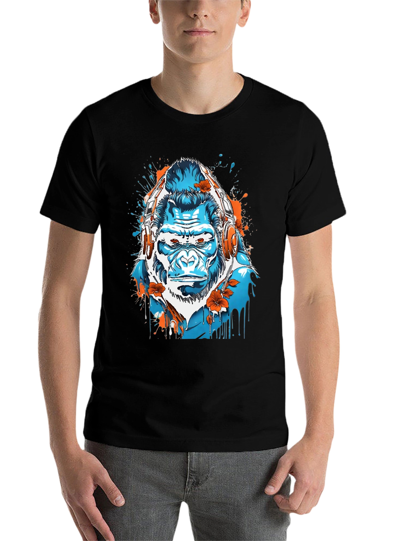 Black Cool Gorilla with Headphones Graphic Tee view 7