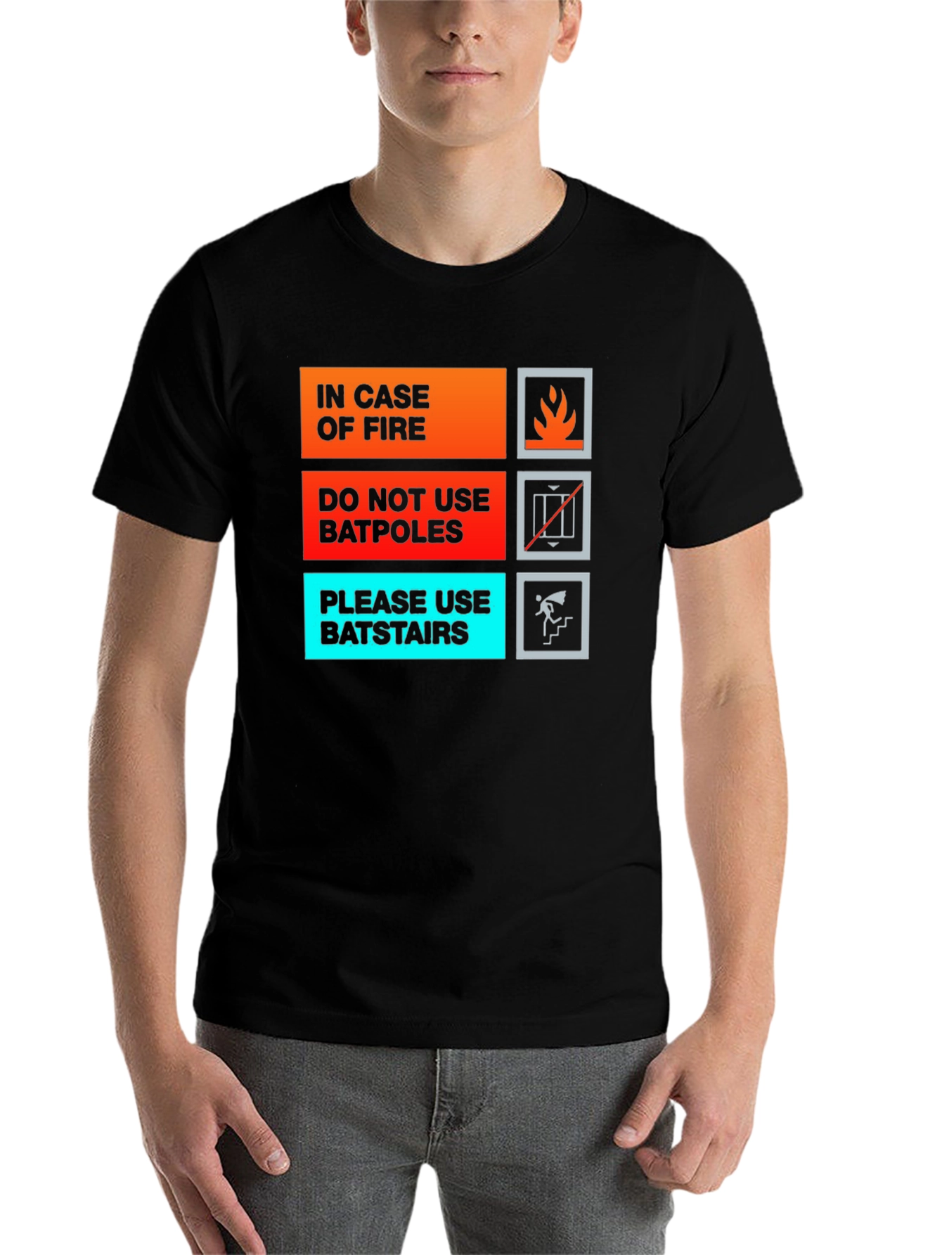 Black Humorous In Case of Fire T-Shirt - Batpole/Batstair Design view 7