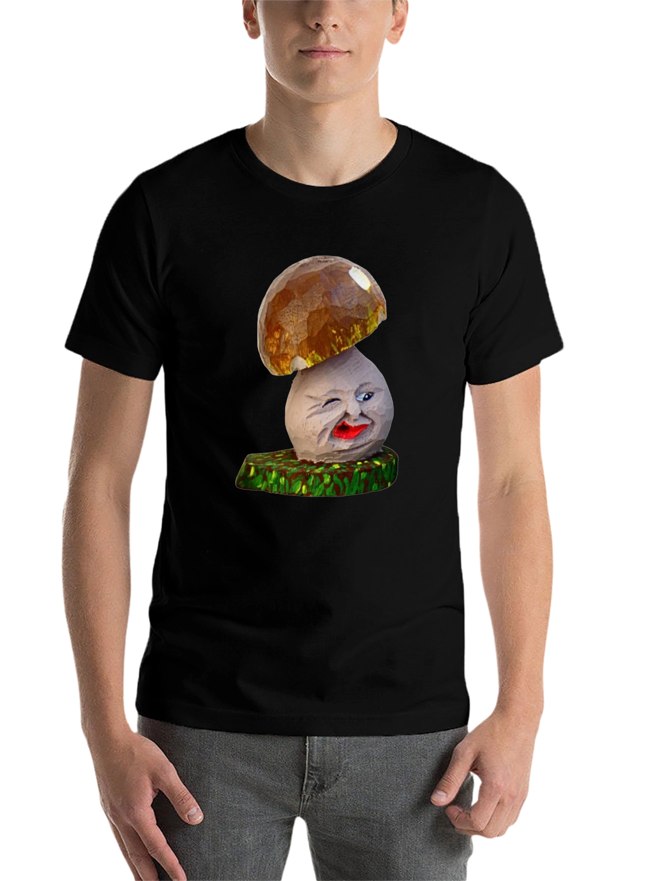 Black Funny Mushroom Character Graphic T-Shirt view 7