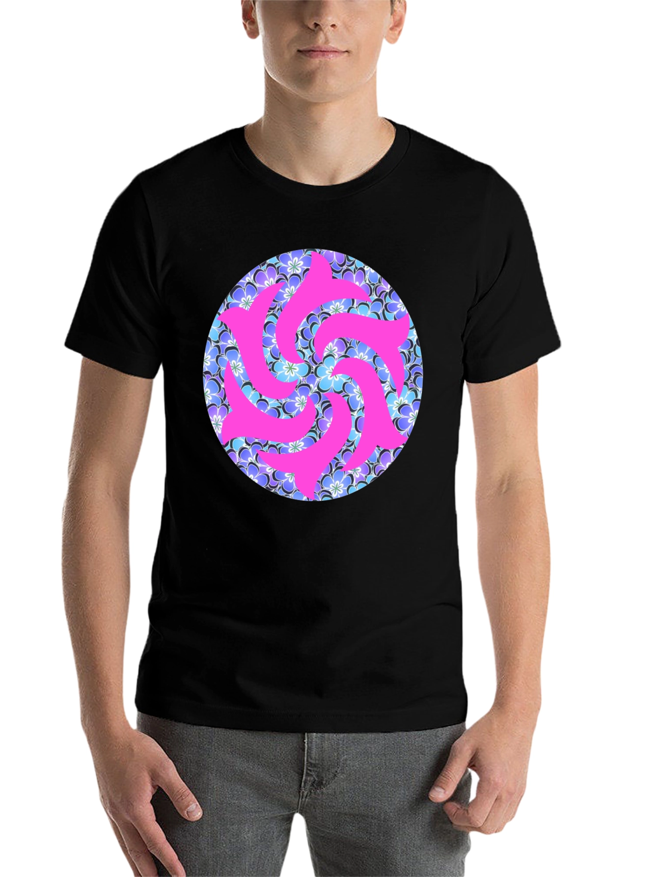 Black Vibrant Floral & Abstract Pink Swirl T-Shirt view 7