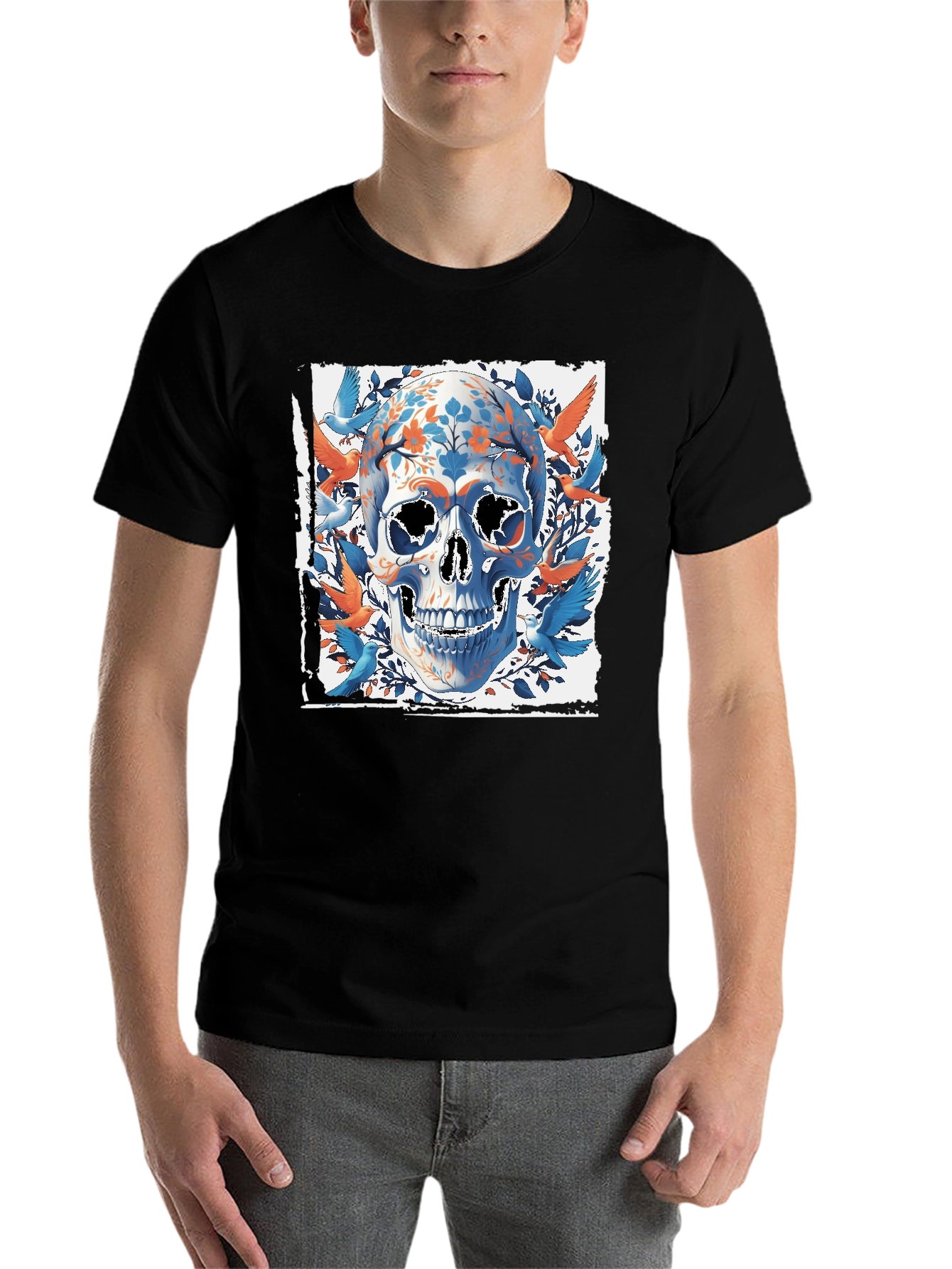 Black Floral Skull & Birds Graphic Tee - Unique Design view 7