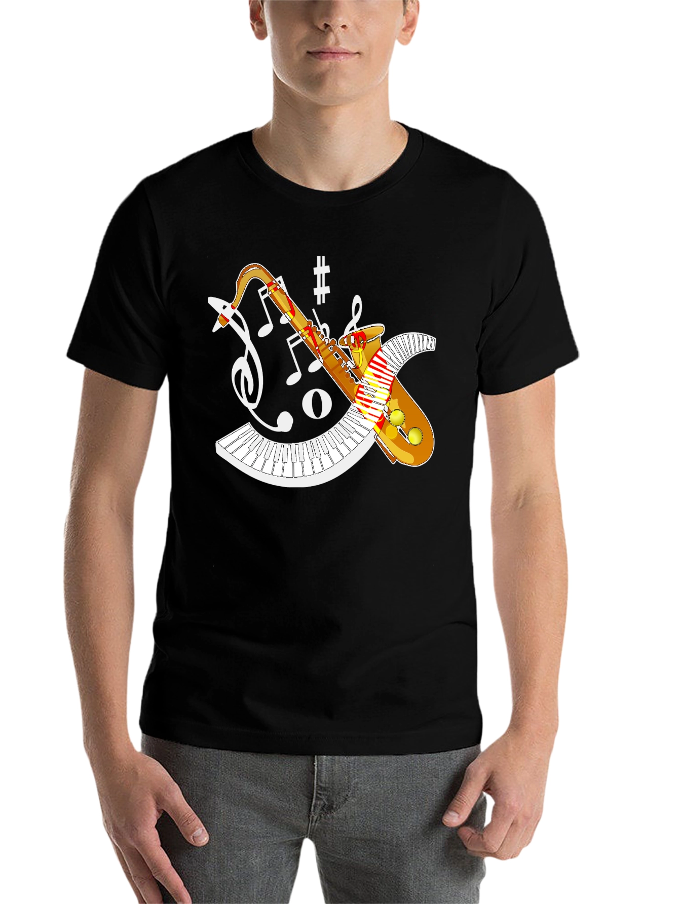 Black Saxophone Music Notes T-Shirt view 7