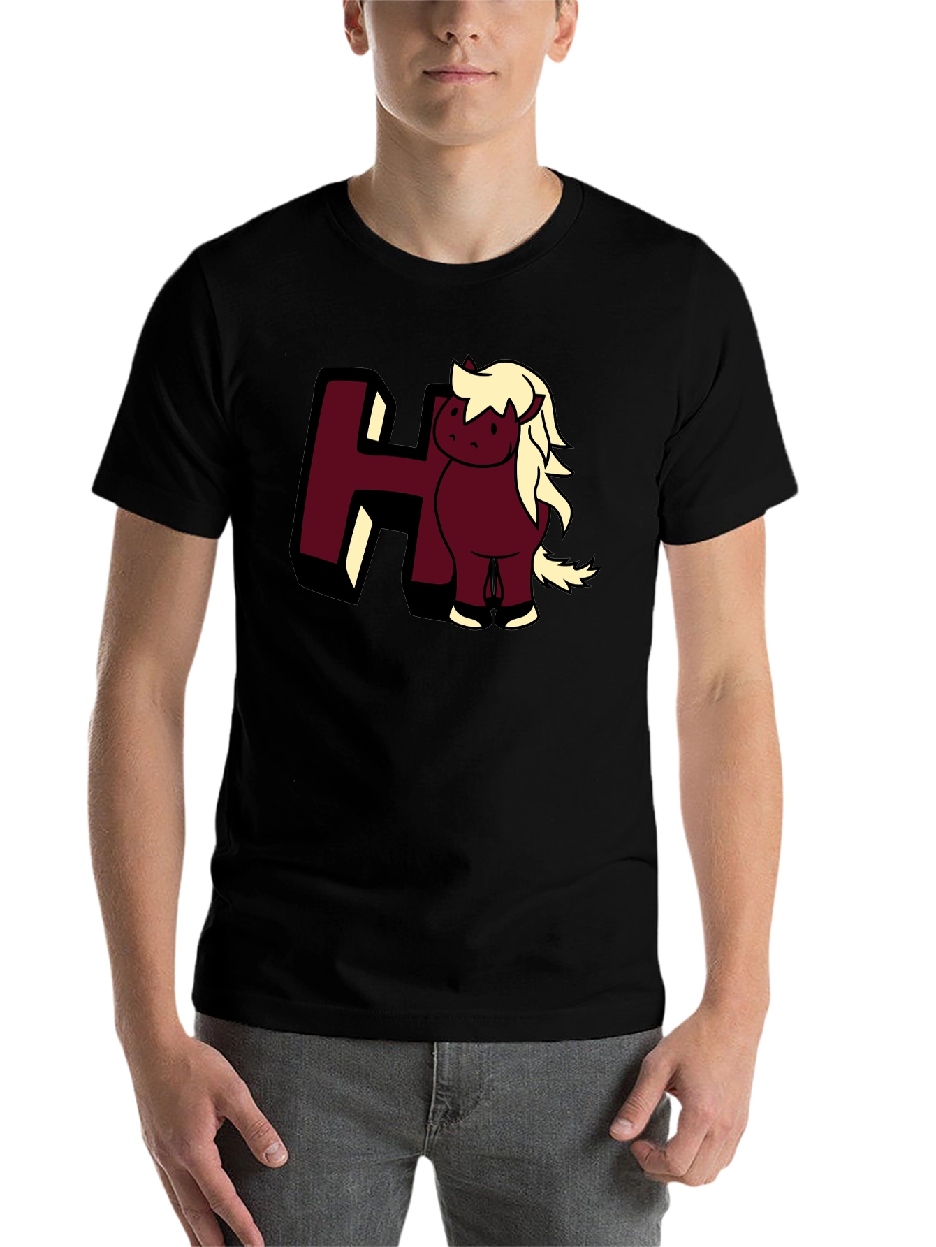 Black Cartoon Horse Tee: Cute Animal Graphic T-Shirt view 7