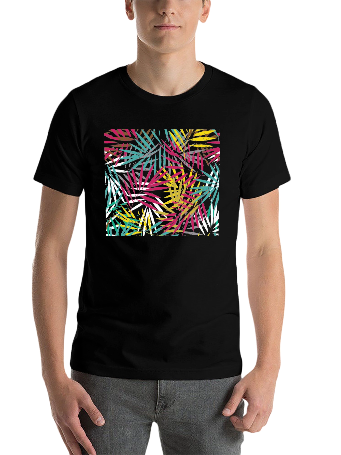Black Tropical Leaf Print Black T-Shirt view 7