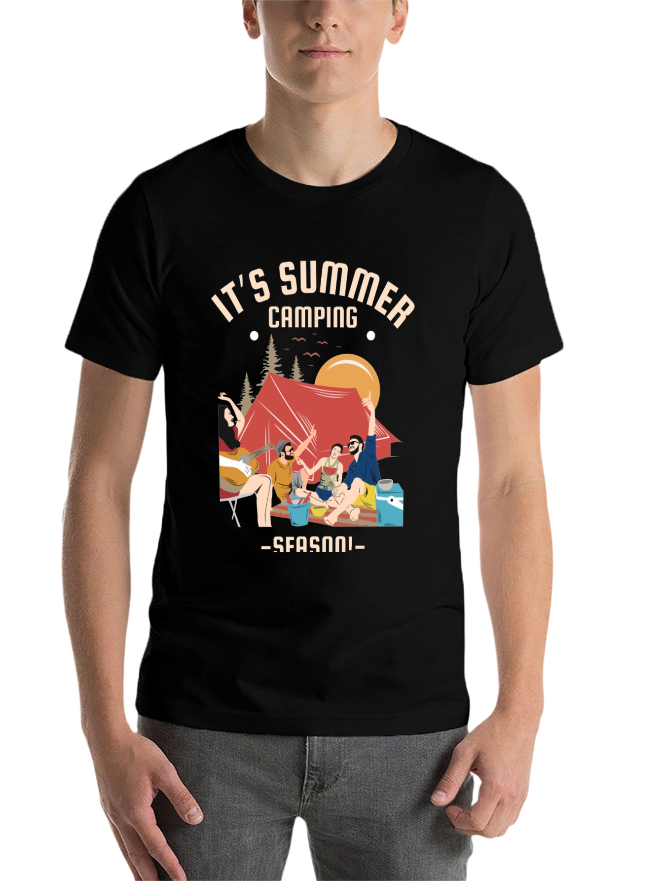 Black Summer Camping Graphic Tee - Black Unisex T-Shirt view 7