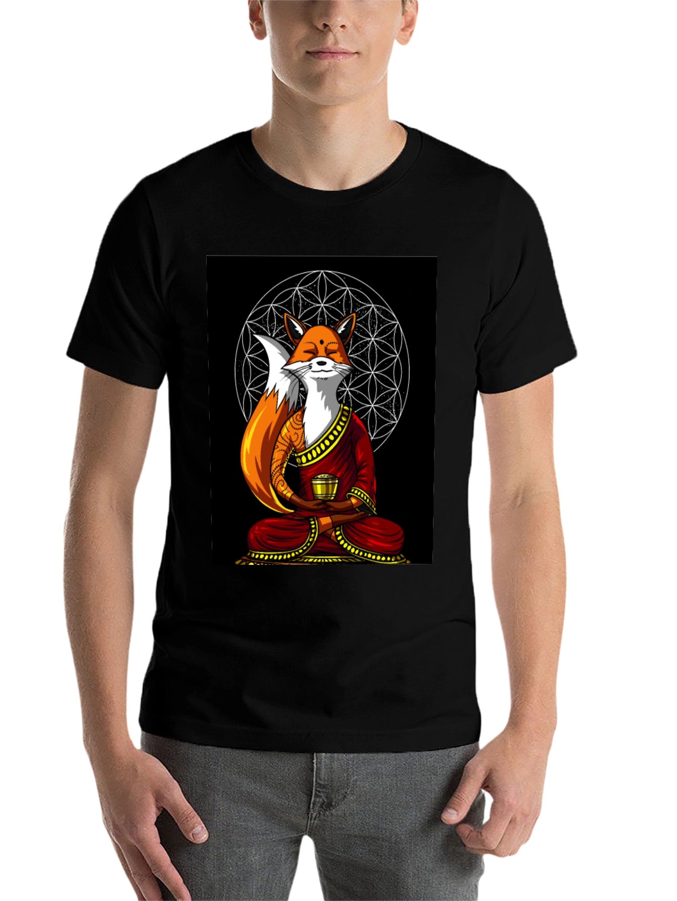 Black Zen Fox T-Shirt - Meditating Design view 7