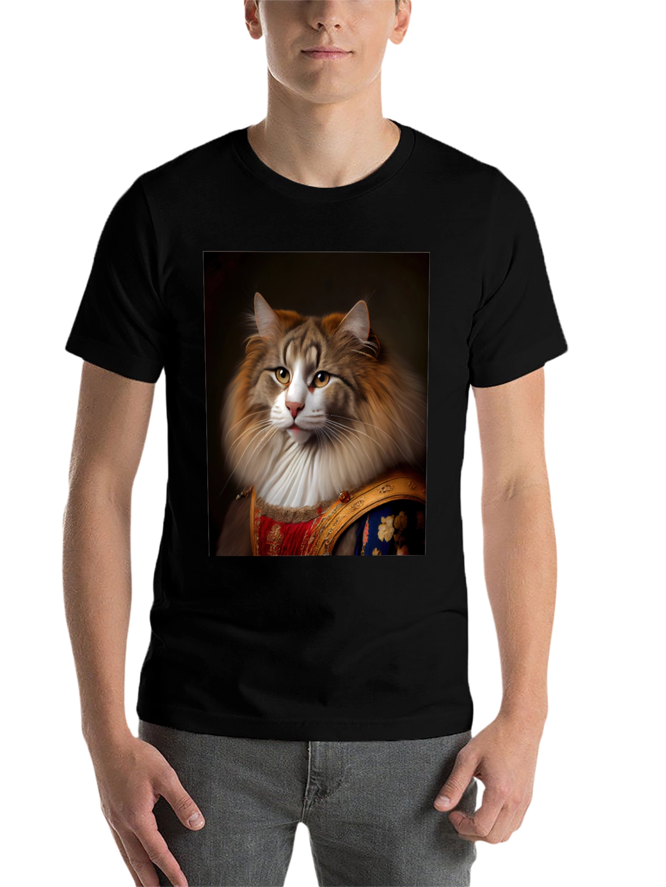 Black Regal Cat Portrait T-Shirt - Unique Design view 7