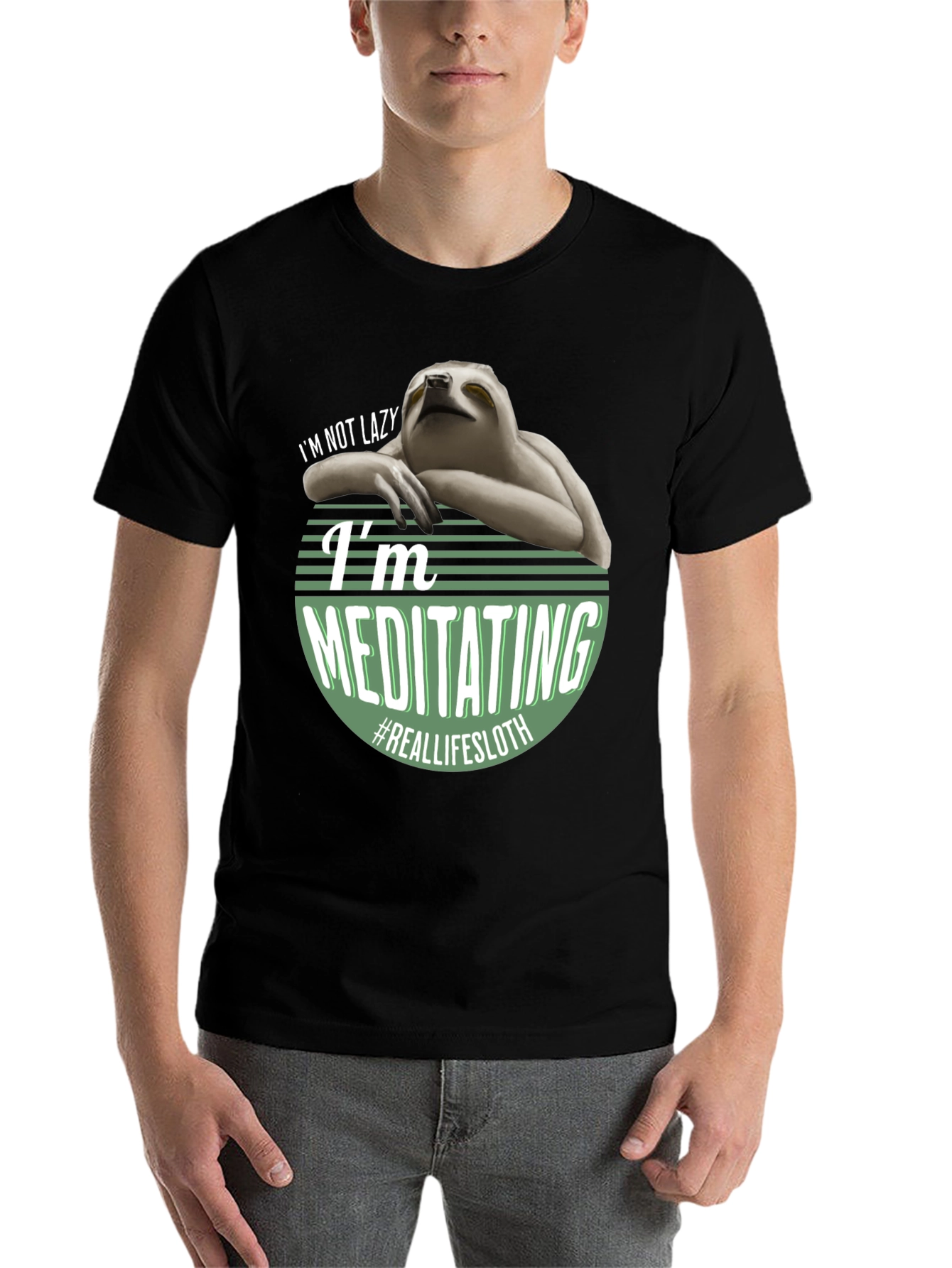 Black Funny Sloth Meditating T-Shirt - Real Life Sloth view 7