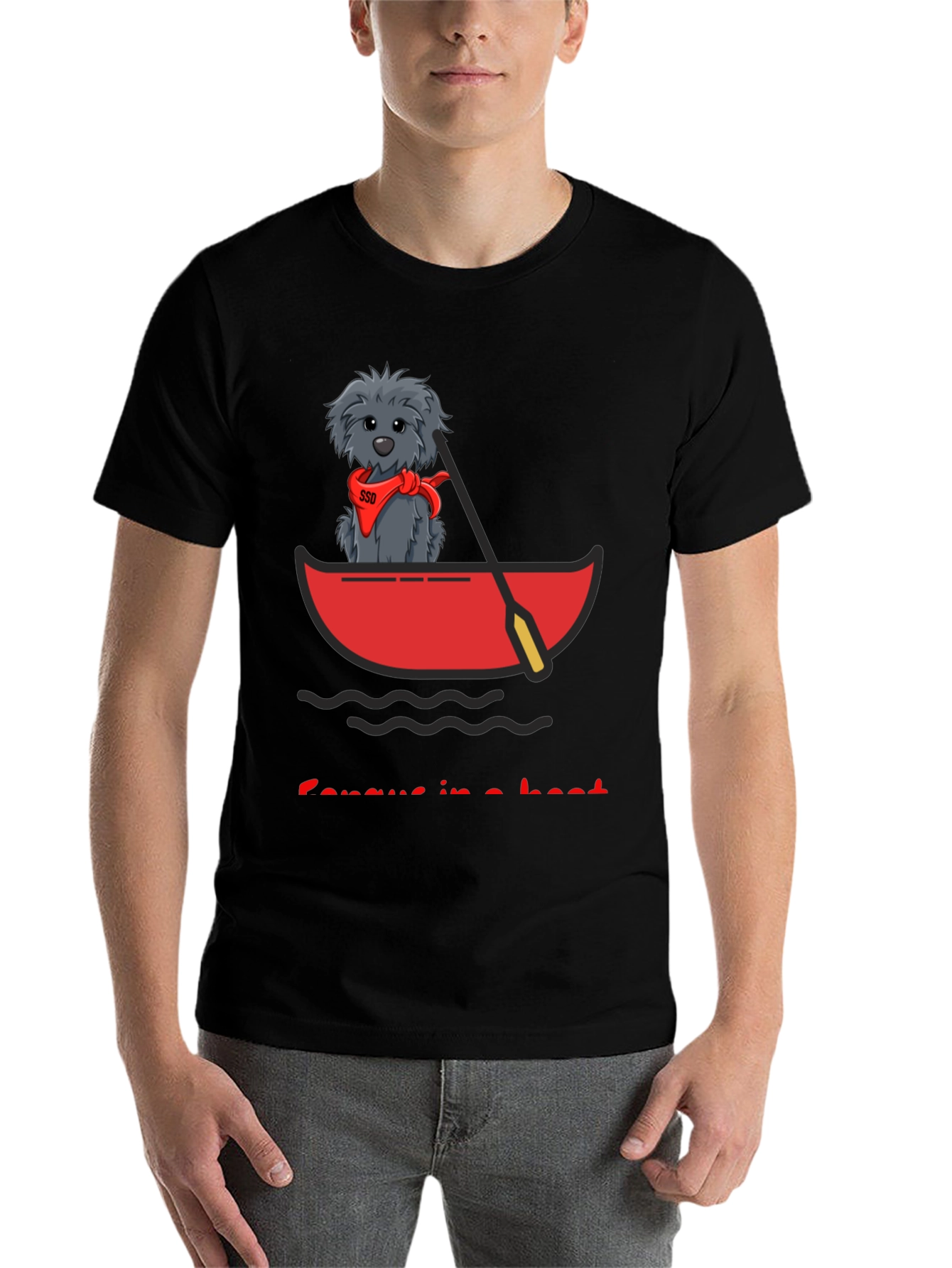 Black Dog in Boat T-Shirt - Cartoon Graphic Tee view 7