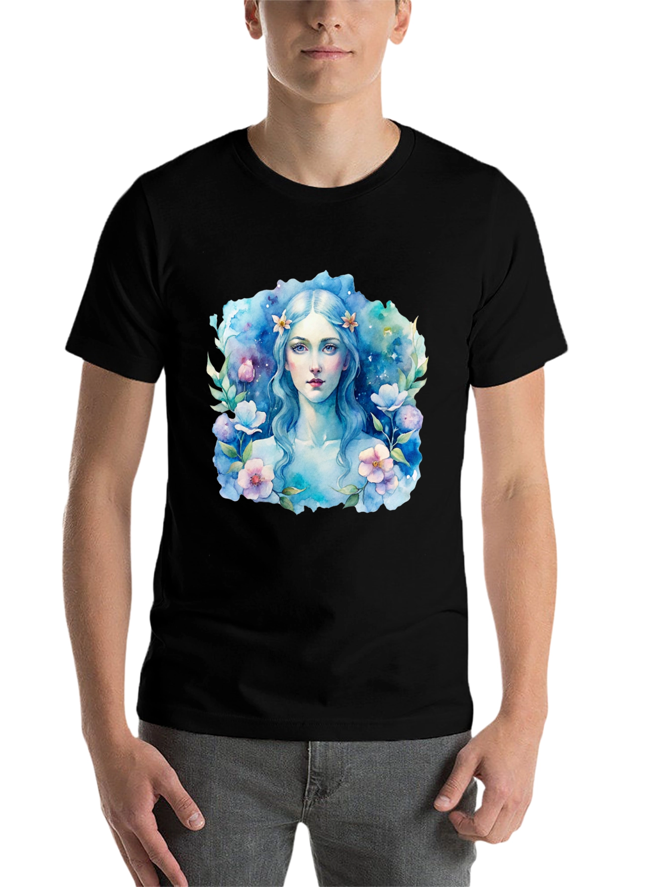 Black Floral Watercolor Woman Graphic Tee - Black T-Shirt view 7