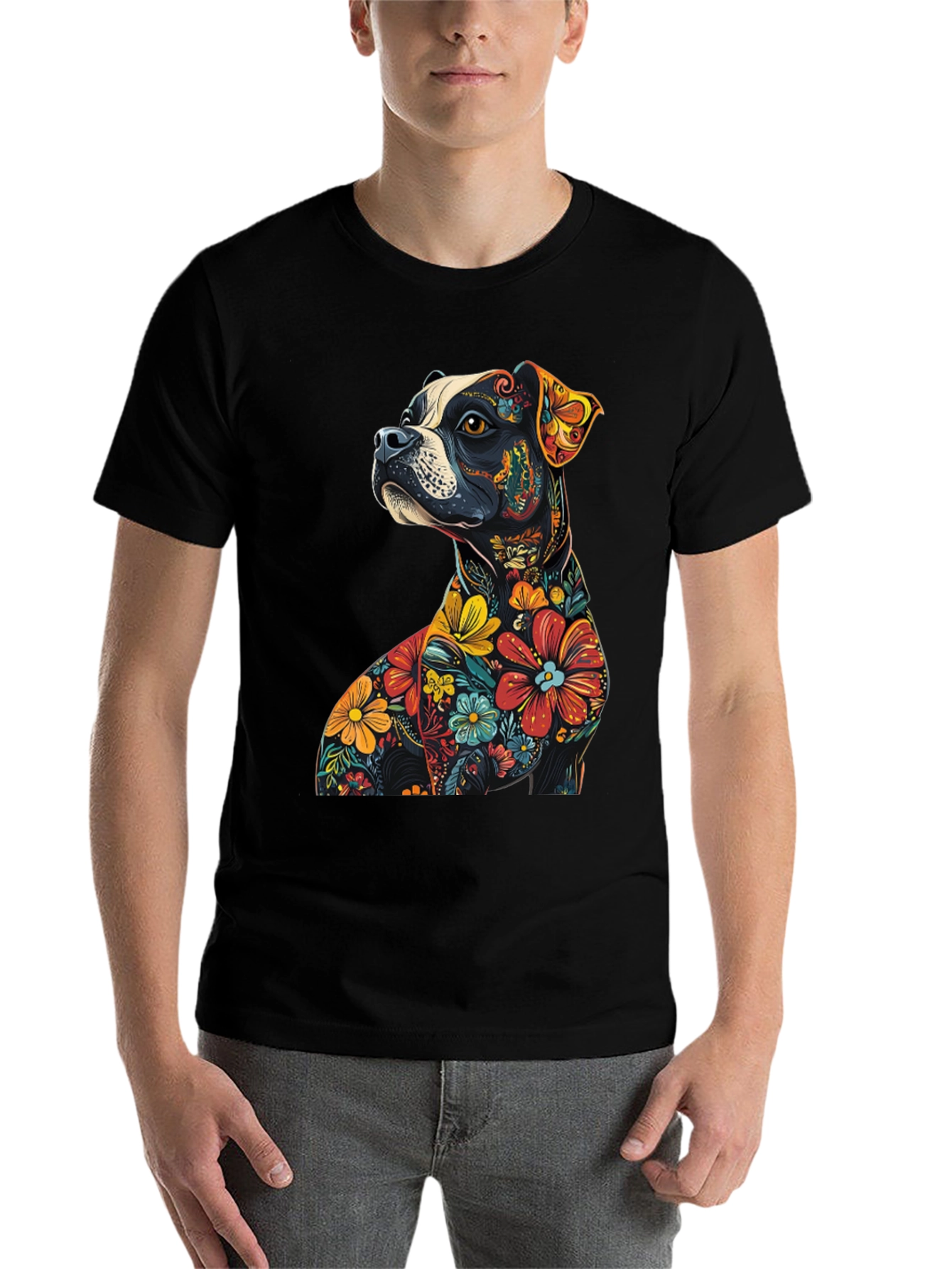 Black Floral Dog Graphic Tee - Unique Black T-Shirt view 7