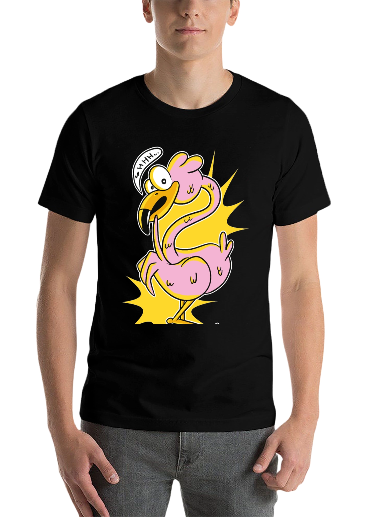 Black Shhh! Flamingo Cartoon Graphic T-Shirt view 7