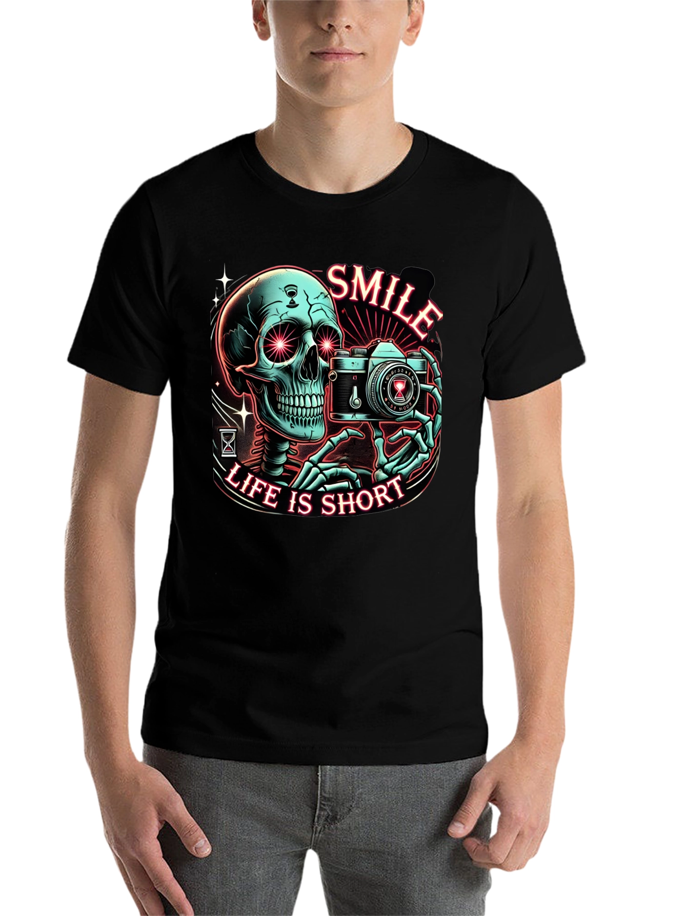 Black Smile Life is Short Graphic Tee - Camera Skeleton T-Shirt view 7